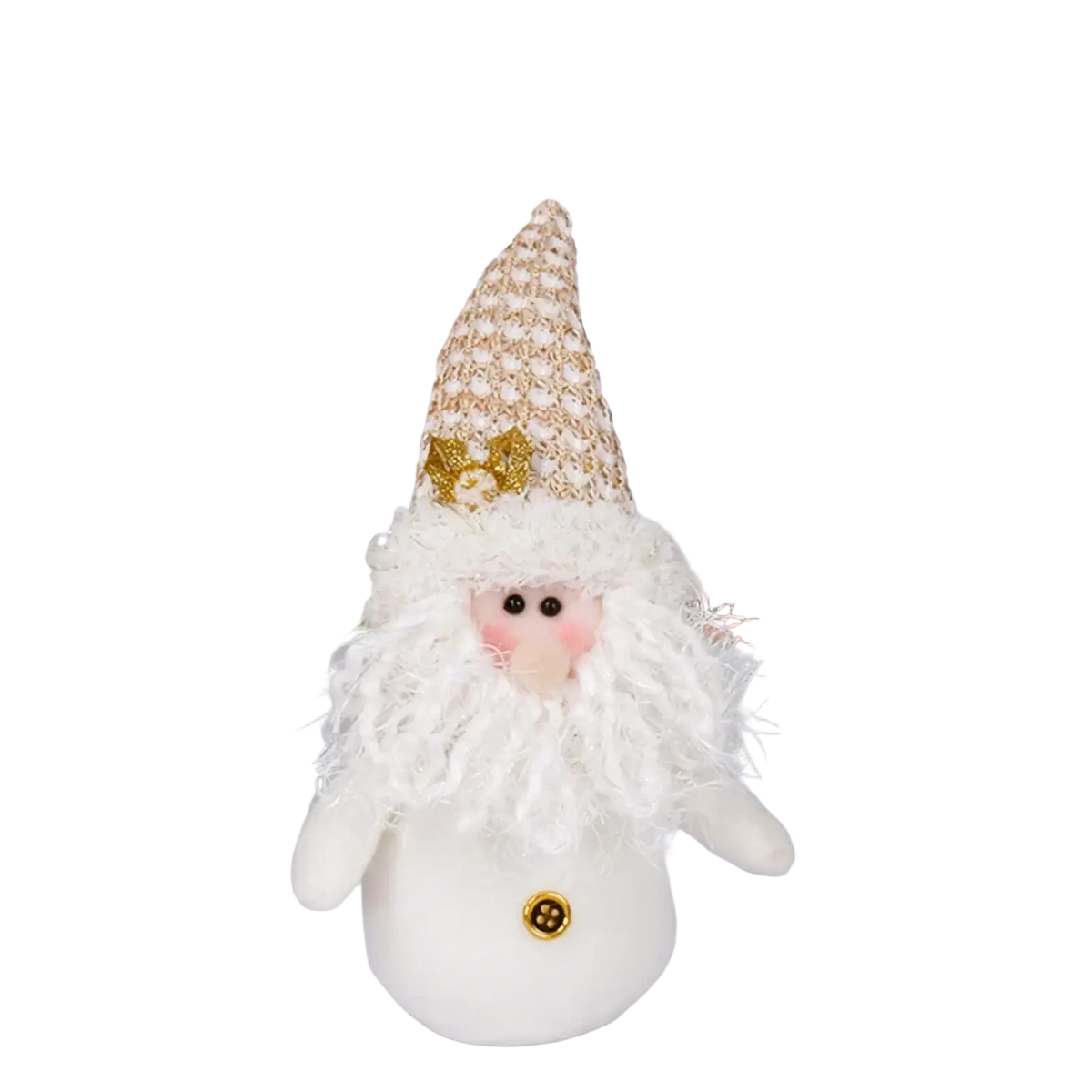 Plush Christmas gnome Santa snowman figurine ornament with white plush body and textured gold-patterned hat