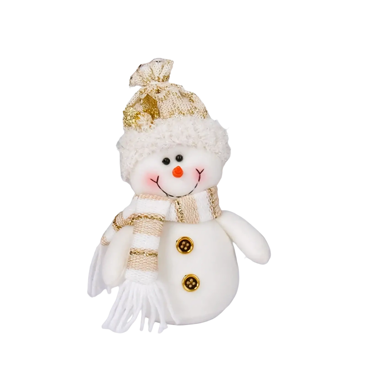 Plush Christmas gnome Santa snowman figurine ornament in white with gold-trimmed knit hat scarf and golden buttons