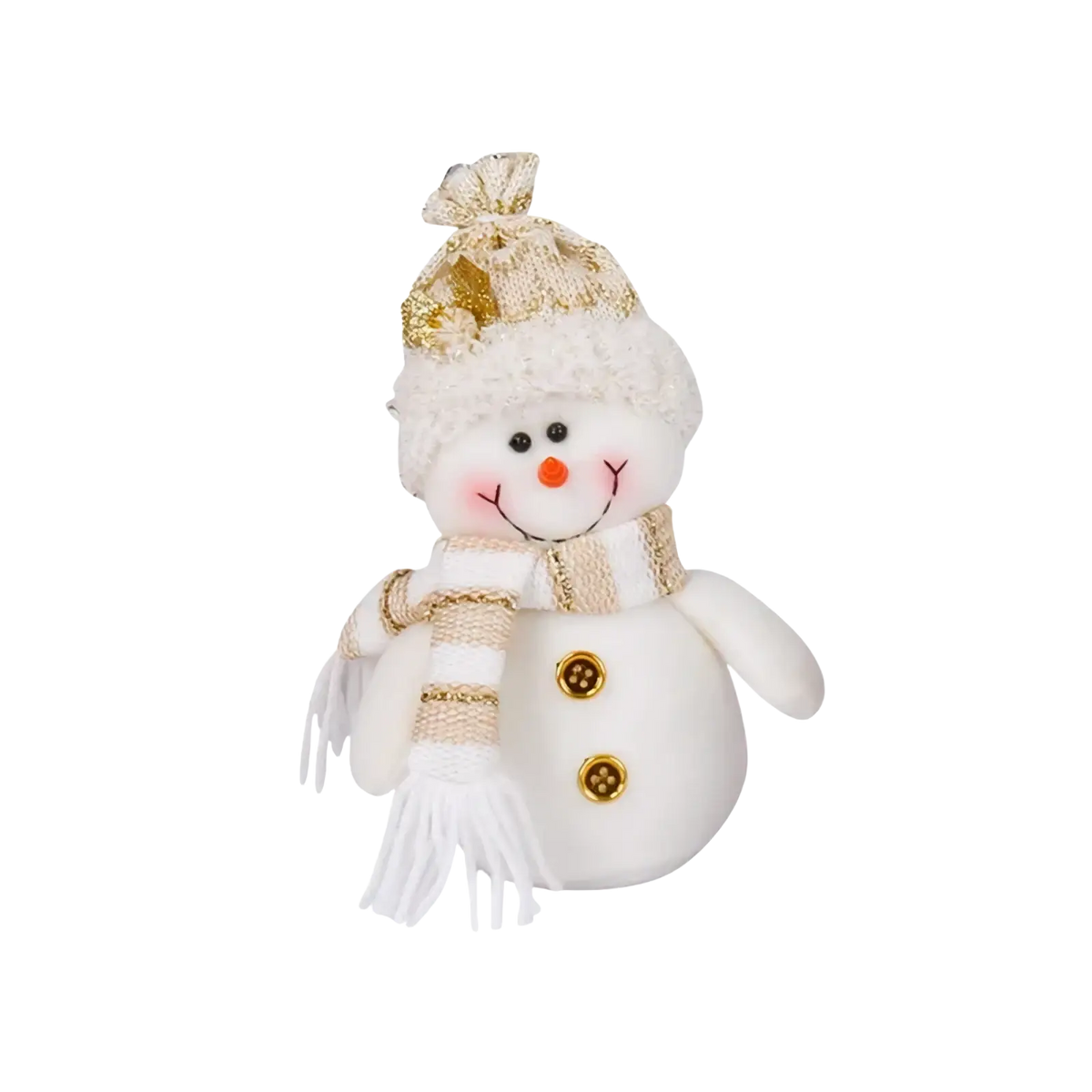 Plush Christmas gnome Santa snowman figurine ornament in white plush with gold sequined hat scarf and embroidered details
