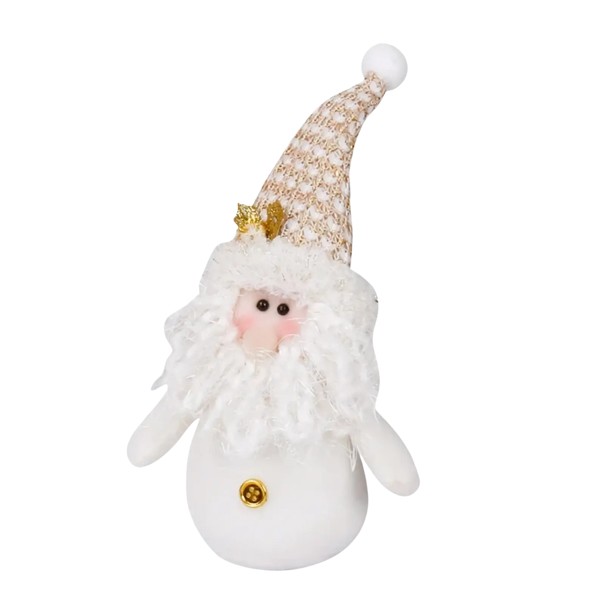 White plush christmas gnome santa snowman figurine with textured gold-patterned hat and fluffy white beard ornament