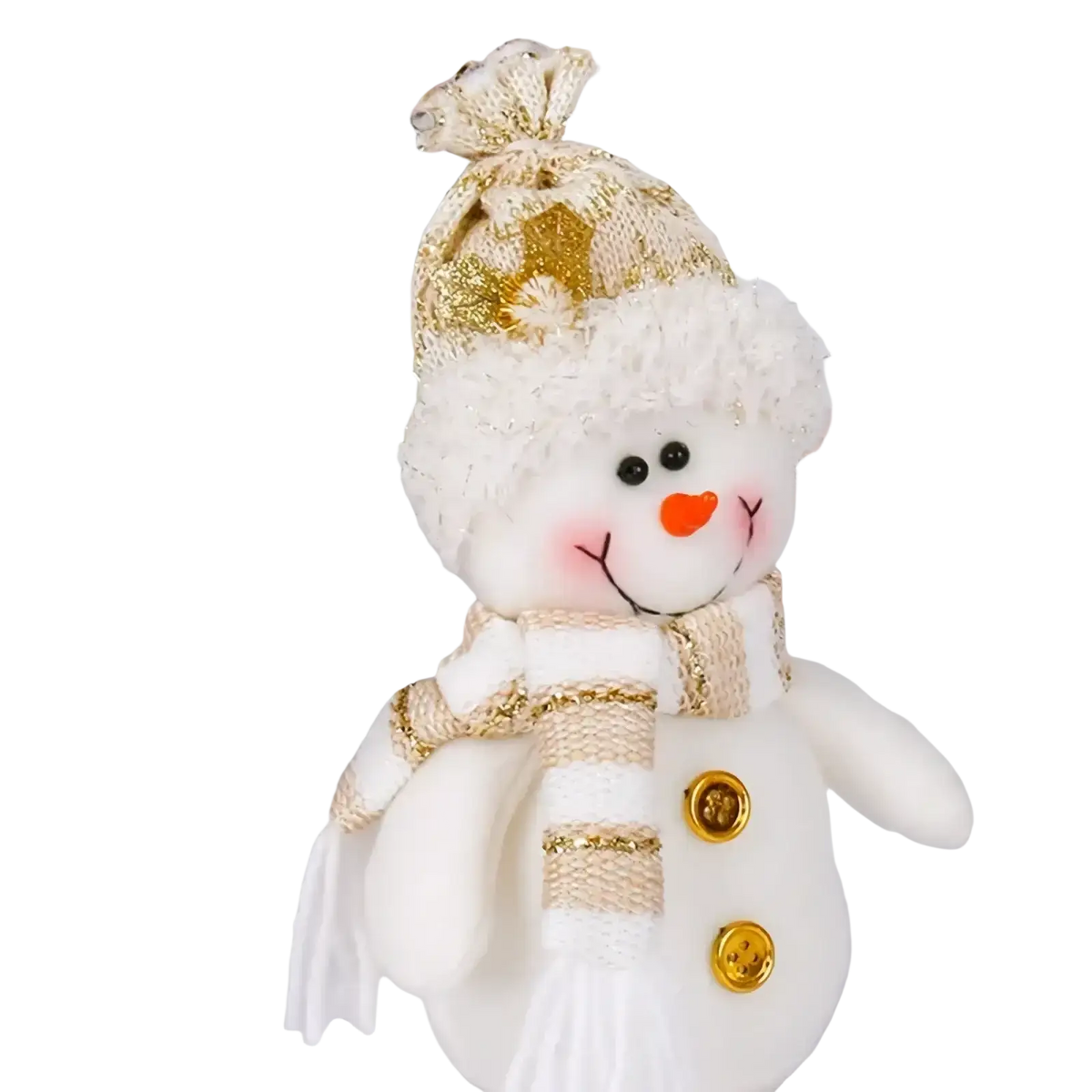 Plush christmas gnome santa snowman figurine ornament featuring a white plush snowman with knit hat and gold glitter accents