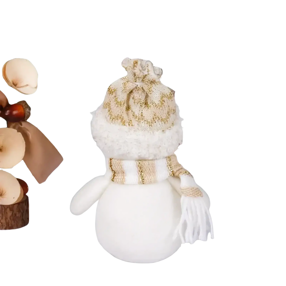White plush christmas gnome snowman figurine wearing gold-embellished knit hat and matching scarf for holiday decor