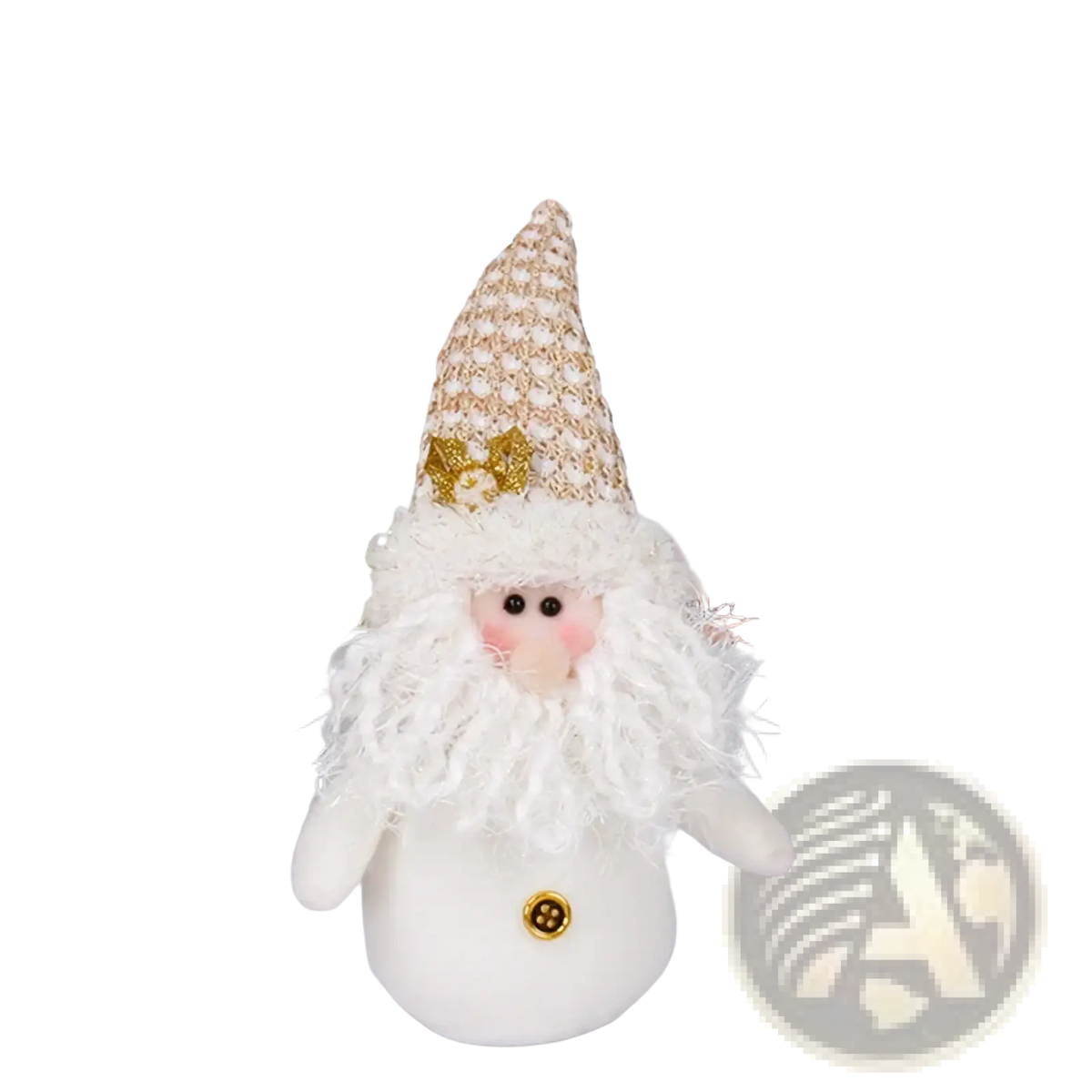 Plush Christmas gnome Santa snowman figurine ornament with white plush body and textured gold-patterned hat