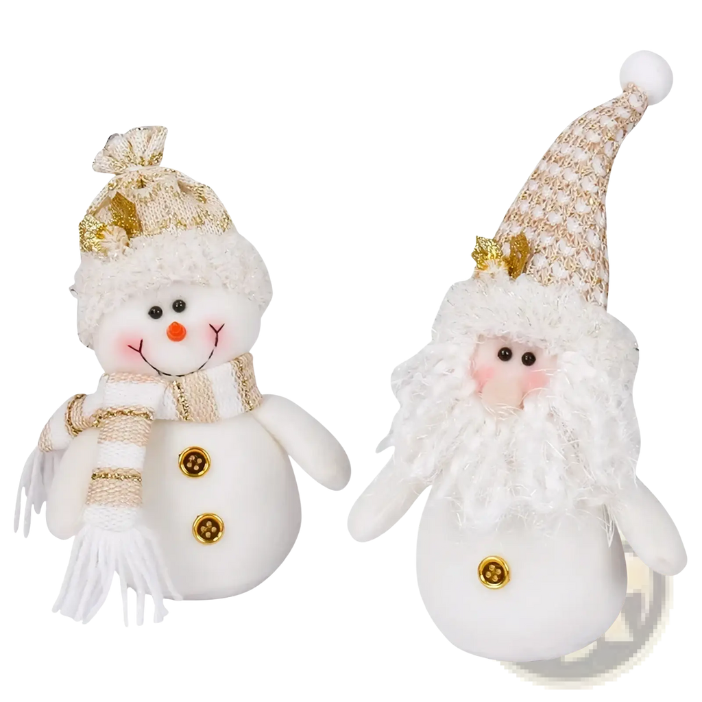 Plush christmas gnome santa snowman figurine ornament featuring white plush figures with gold-trimmed hats scarves and buttons