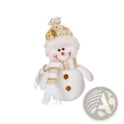 Plush Christmas gnome Santa snowman figurine ornament in white plush with gold sequined hat scarf and embroidered details