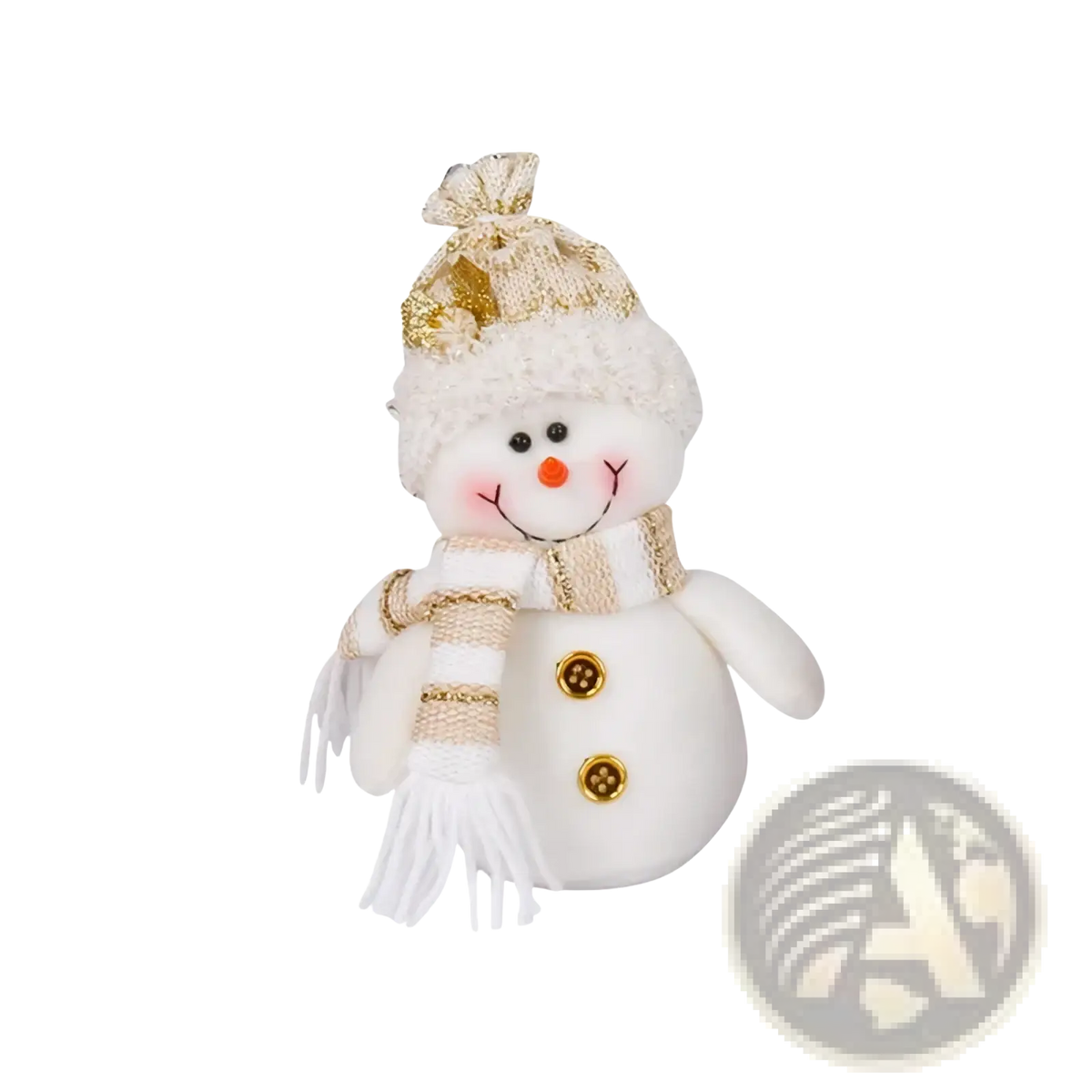 Plush Christmas gnome Santa snowman figurine ornament in white plush with gold sequined hat scarf and embroidered details