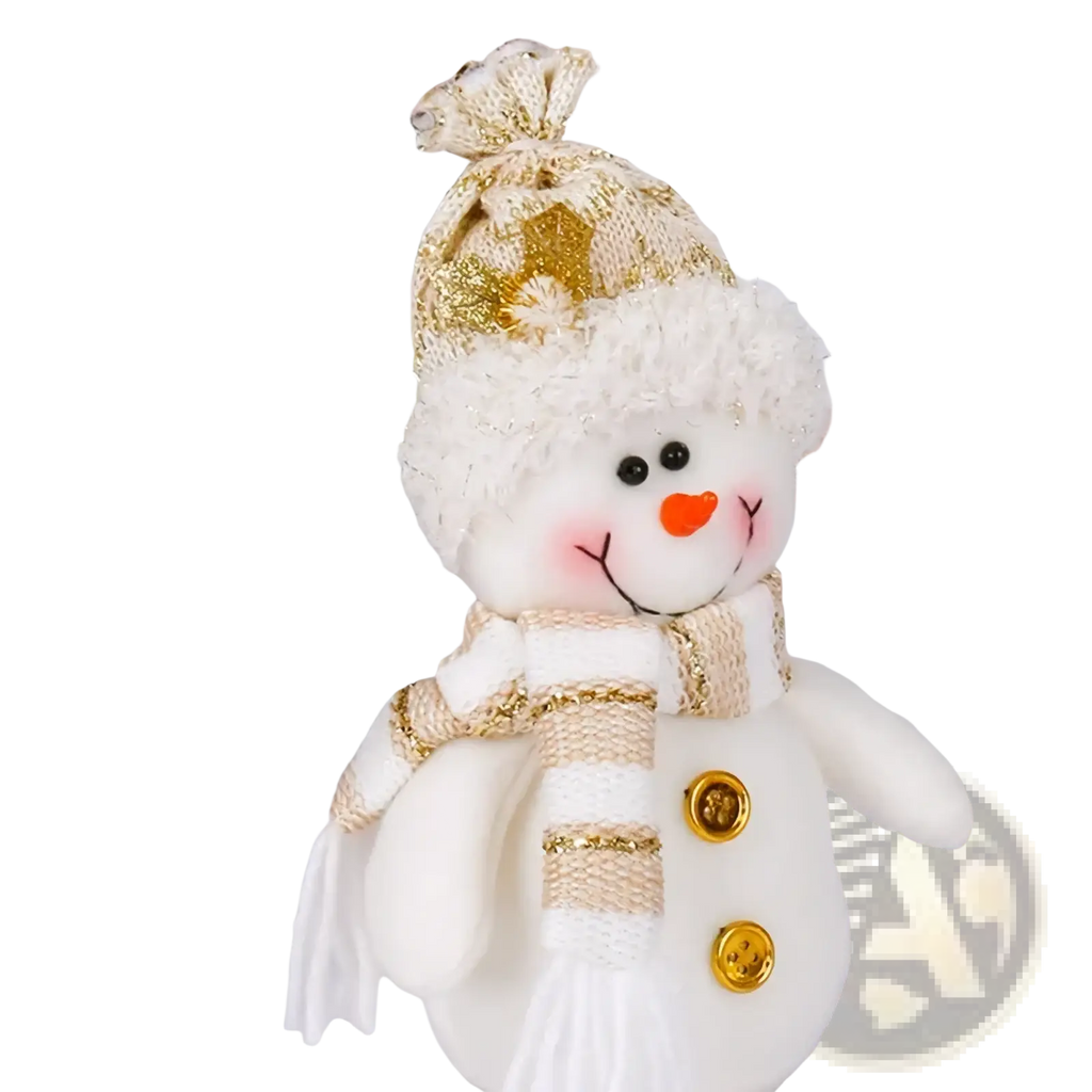 Plush Christmas gnome Santa snowman figurine ornament in white with gold knit hat, matching scarf, and shiny golden buttons