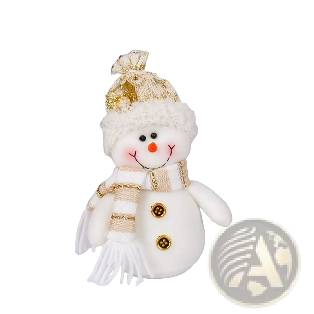 Plush Christmas gnome Santa snowman figurine ornament in white with gold-trimmed knit hat scarf and golden buttons