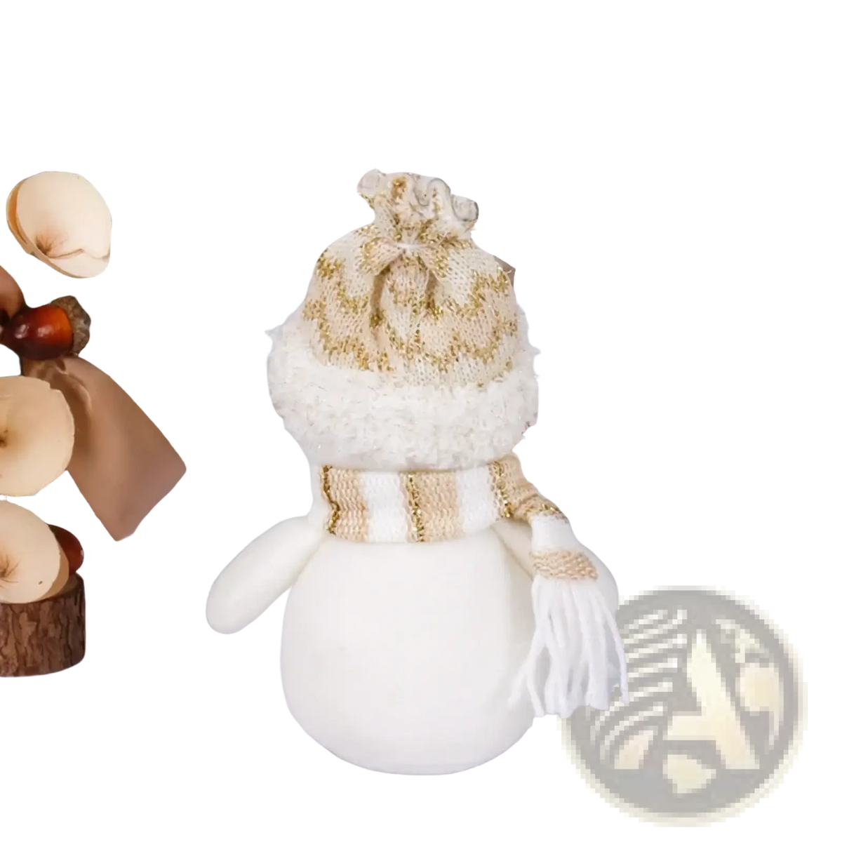 Plush Christmas gnome Santa snowman figurine ornament white with gold patterned knit hat and matching striped scarf