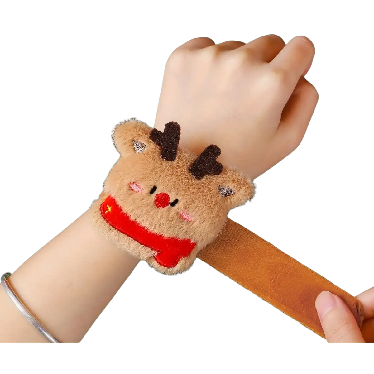 Cute beige plush reindeer wristband with brown antlers and red scarf for kids christmas slap bracelet