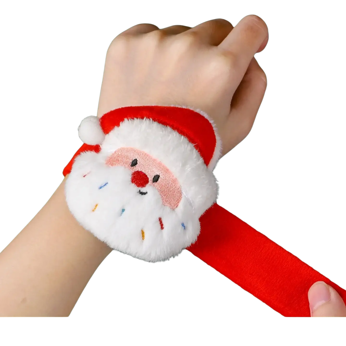 A fluffy white and red plush Christmas slap bracelet for kids with embroidered Santa Claus facial details
