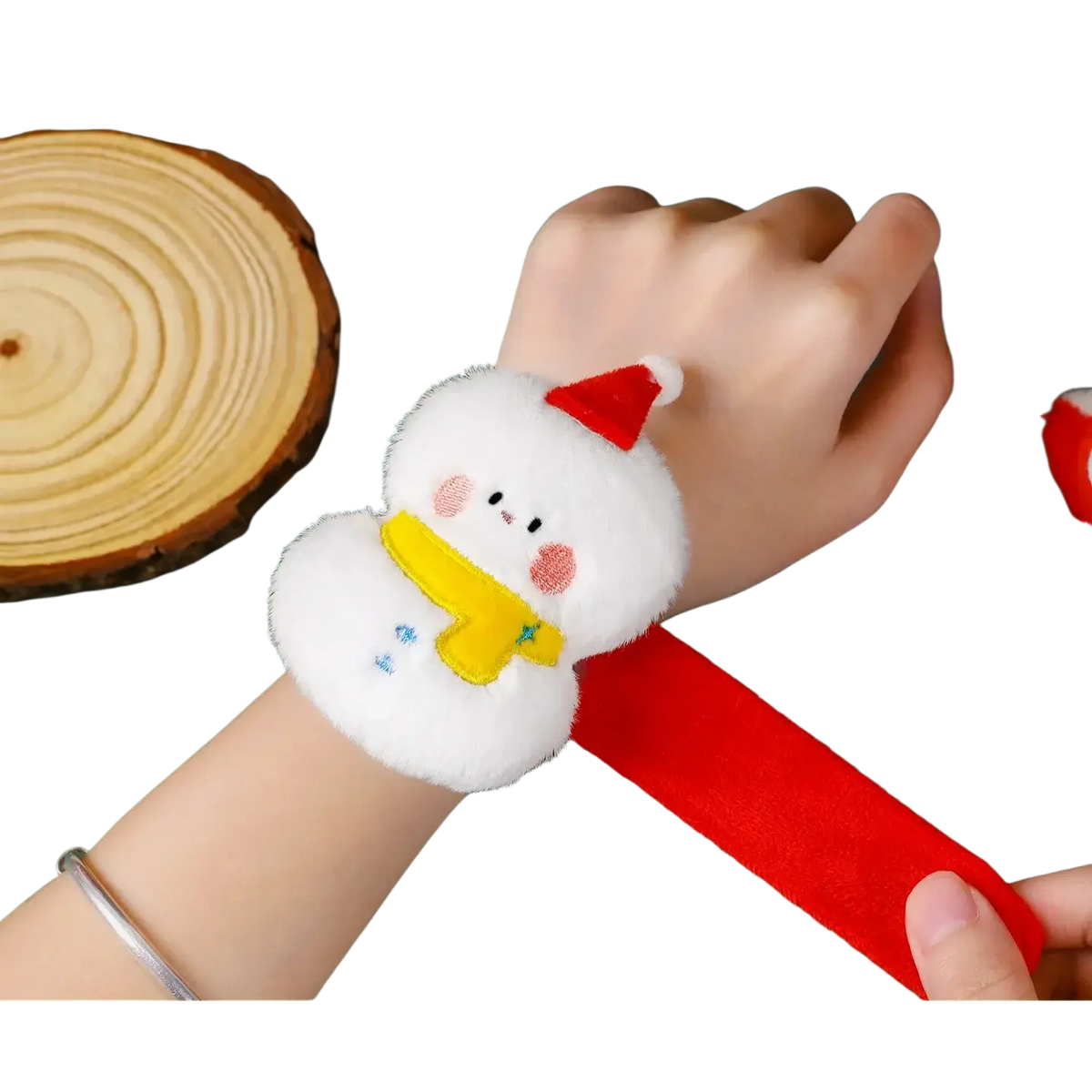 Plush christmas slap bracelet for kids featuring a fluffy white snowman with a red santa hat and yellow scarf
