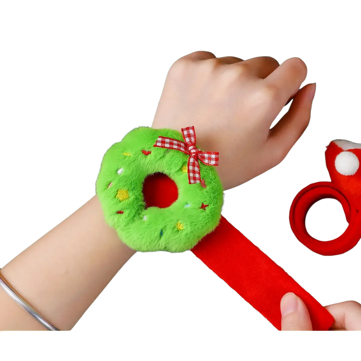 Plush christmas slap bracelet for kids featuring a green wreath wristband with red ribbon bow and colorful embroidery
