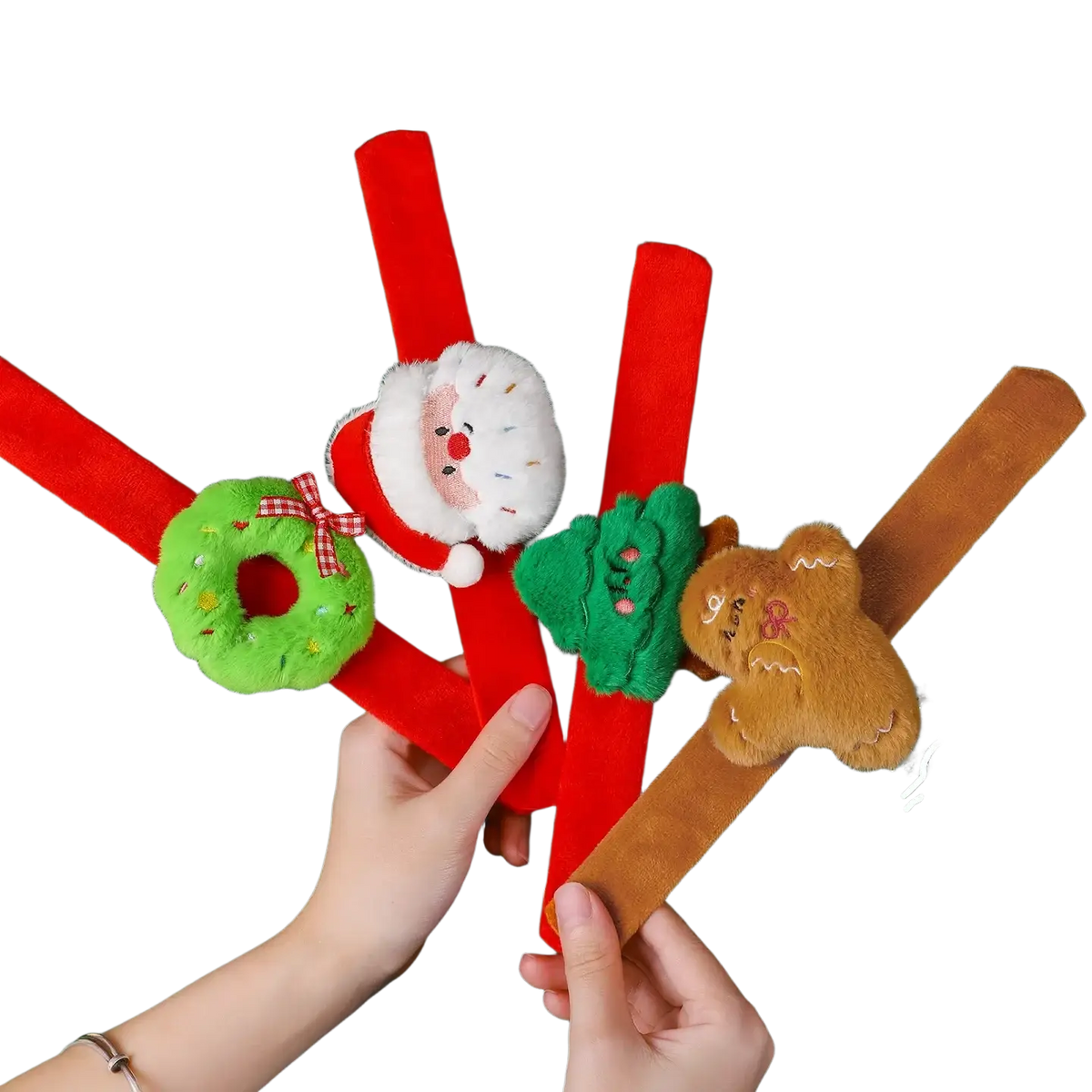 Plush christmas slap bracelet for kids featuring red and brown wristbands with santa wreath and gingerbread man designs