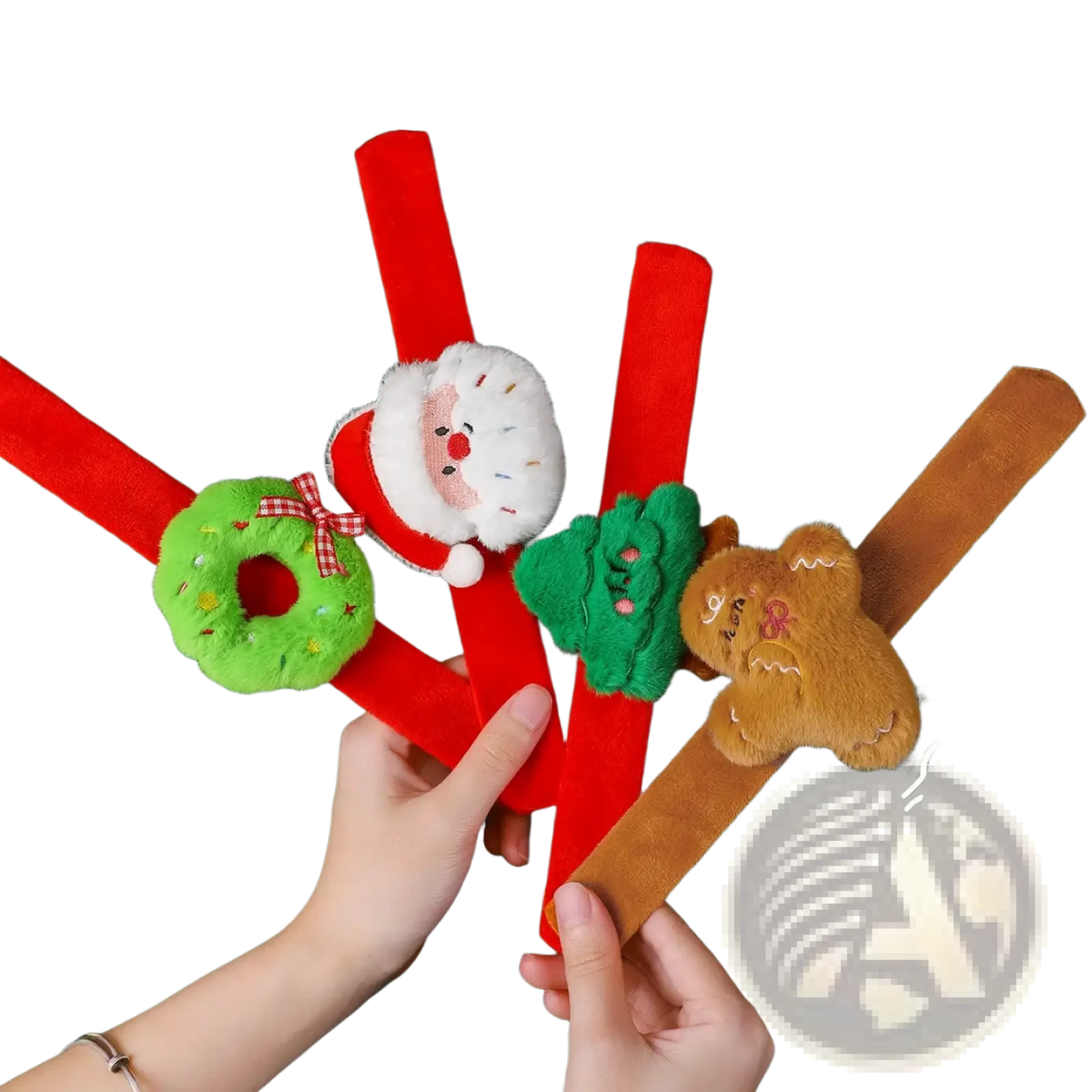 Plush christmas slap bracelet for kids featuring red and brown wristbands with santa wreath and gingerbread man designs