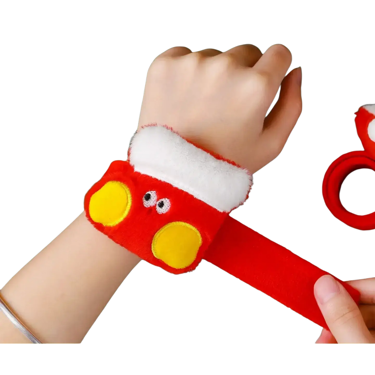 Red plush Christmas slap bracelet for kids with yellow circular accents and embroidered eyes wristband
