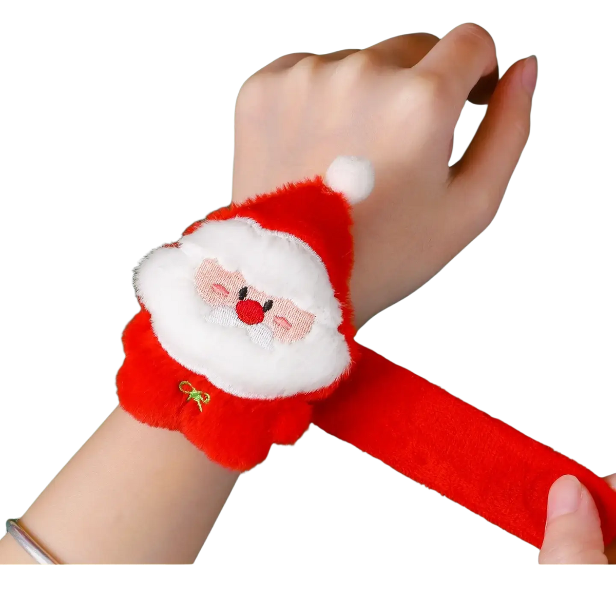 Plush Christmas slap bracelet for kids in red with white fuzzy beard and embroidered Santa Claus face