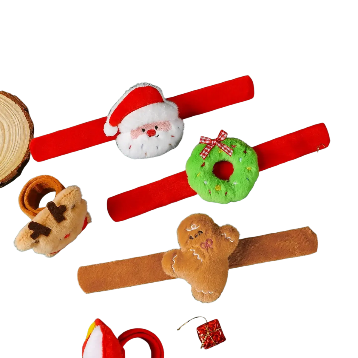 Plush Christmas slap bracelet for kids featuring a red Santa Claus-themed wristband with a white plush face