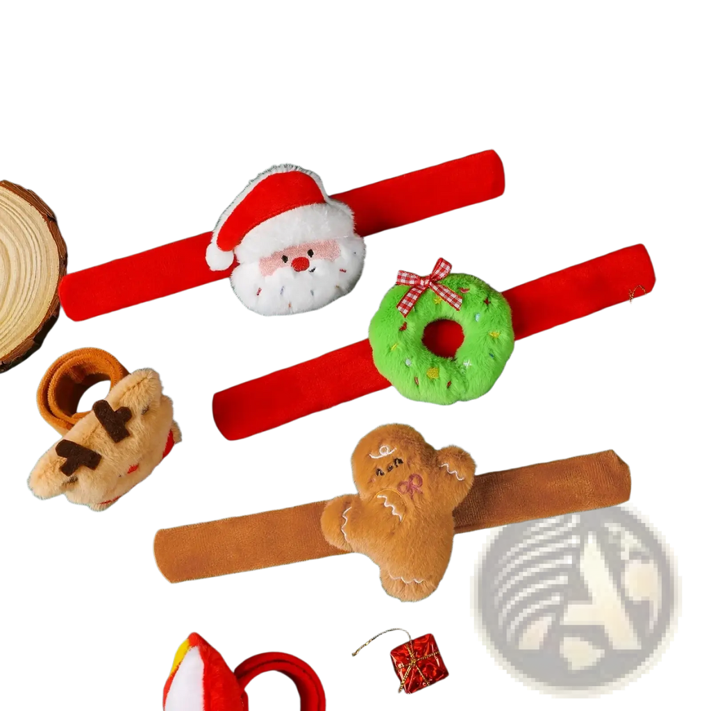 Plush Christmas slap bracelet for kids featuring a red Santa Claus-themed wristband with a white plush face