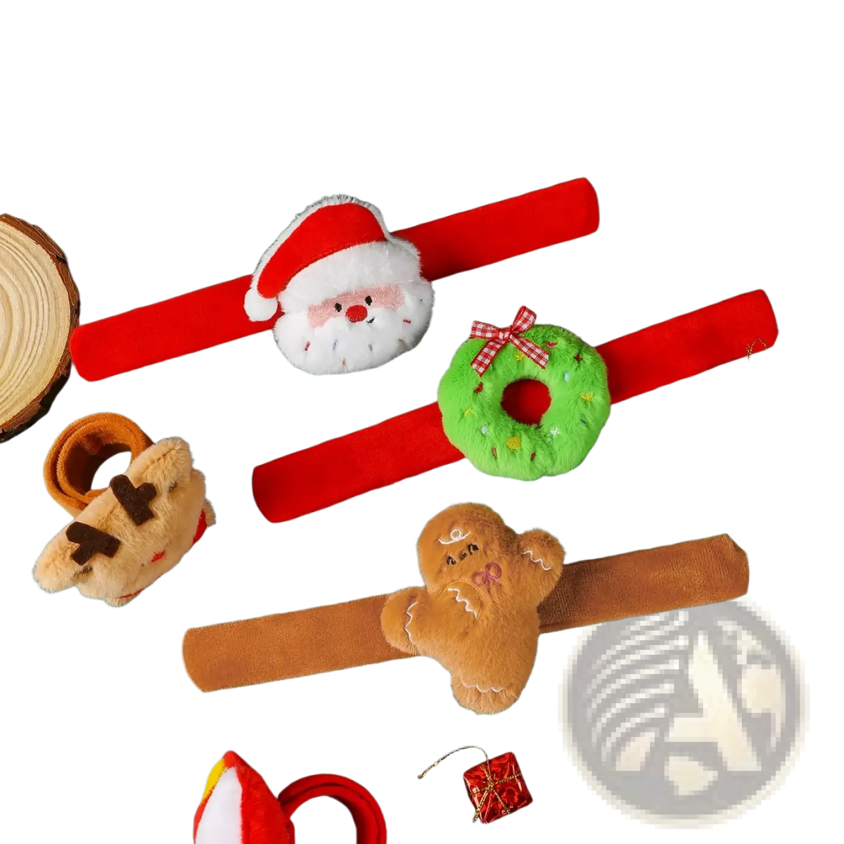 Plush Christmas slap bracelet for kids featuring a red Santa Claus-themed wristband with a white plush face
