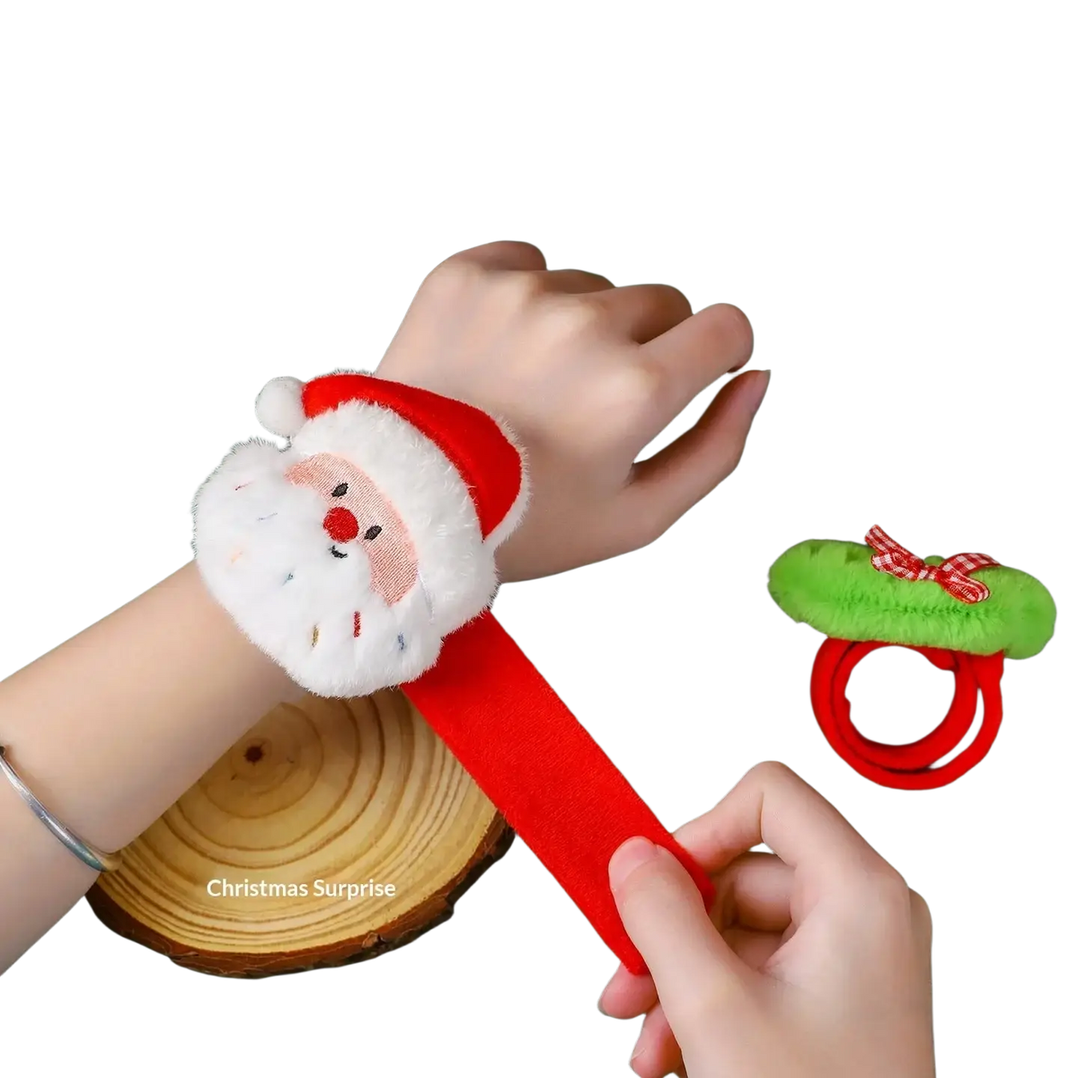 Plush christmas slap bracelet for kids featuring a red and white soft fuzzy santa claus wristband