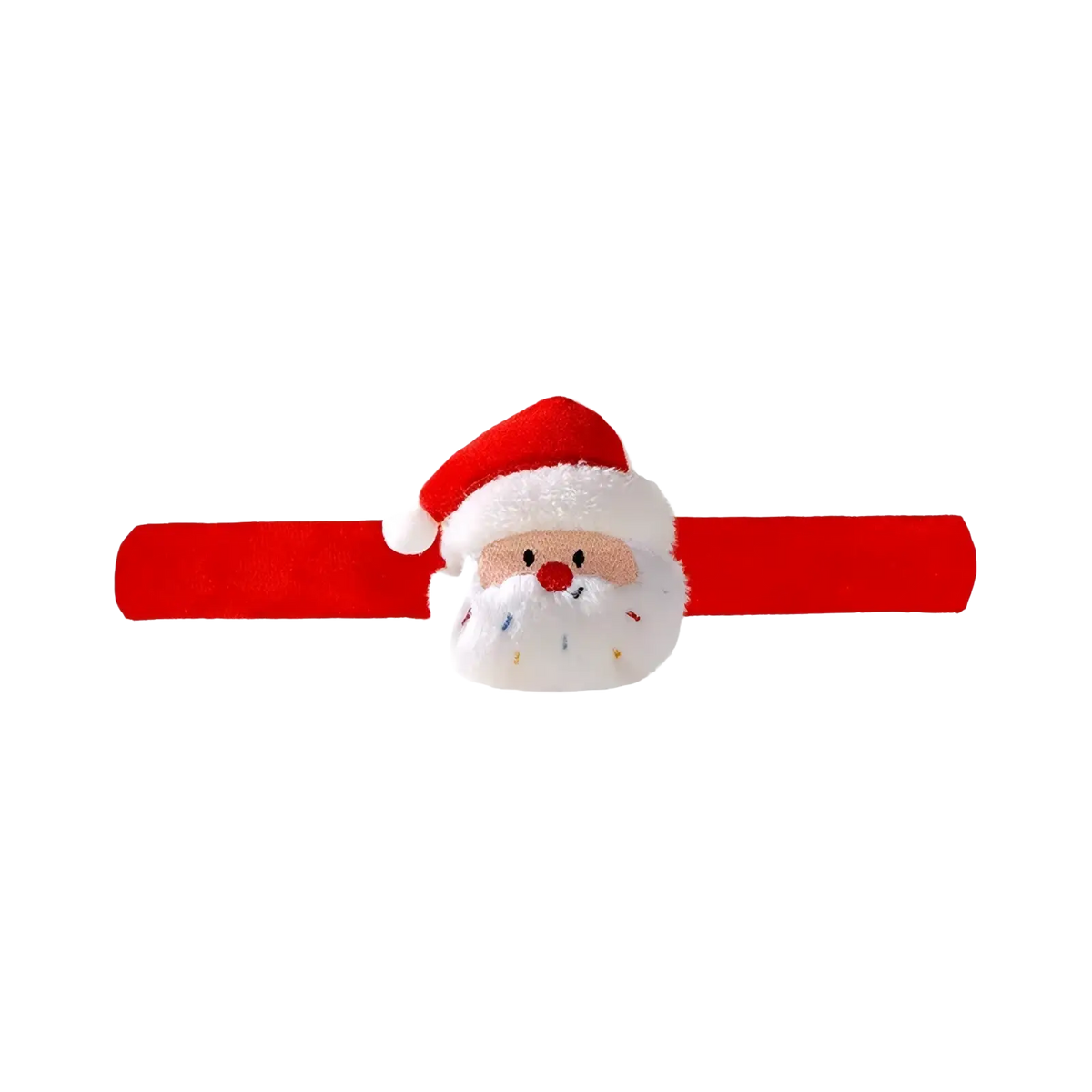 Plush Christmas slap bracelet for kids featuring a red and white plush Santa Claus head with a fluffy beard and embroidered face