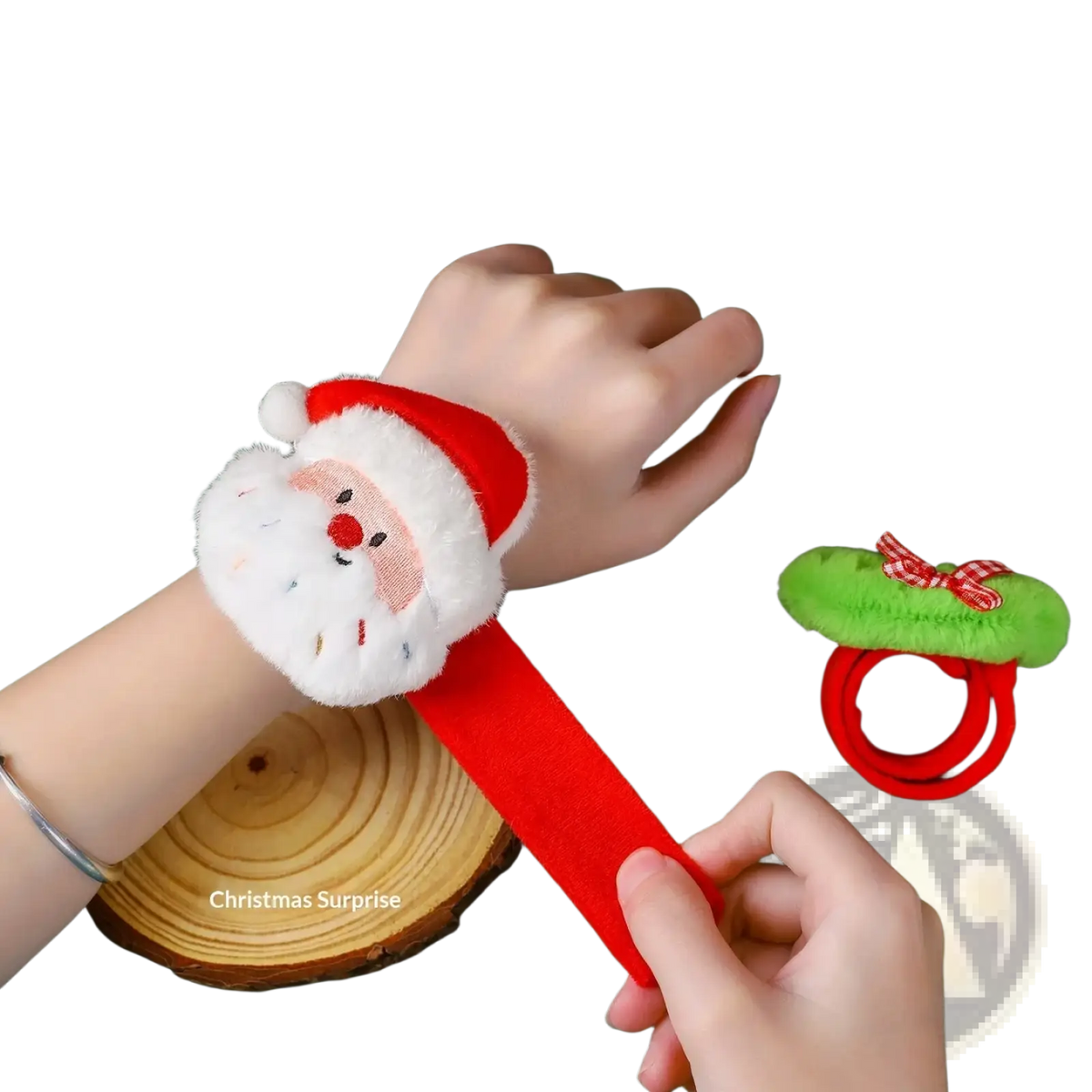 Plush christmas slap bracelet for kids featuring a red and white soft fuzzy santa claus wristband