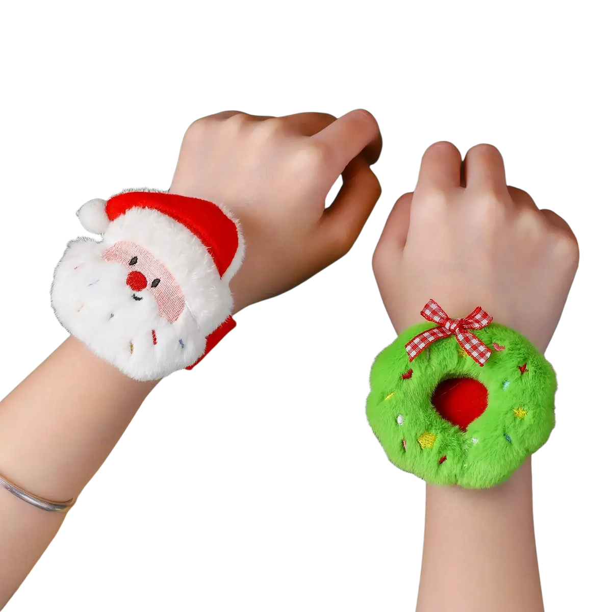 Plush christmas slap bracelet for kids featuring soft wristbands with a white santa face red hat and green wreath with bow