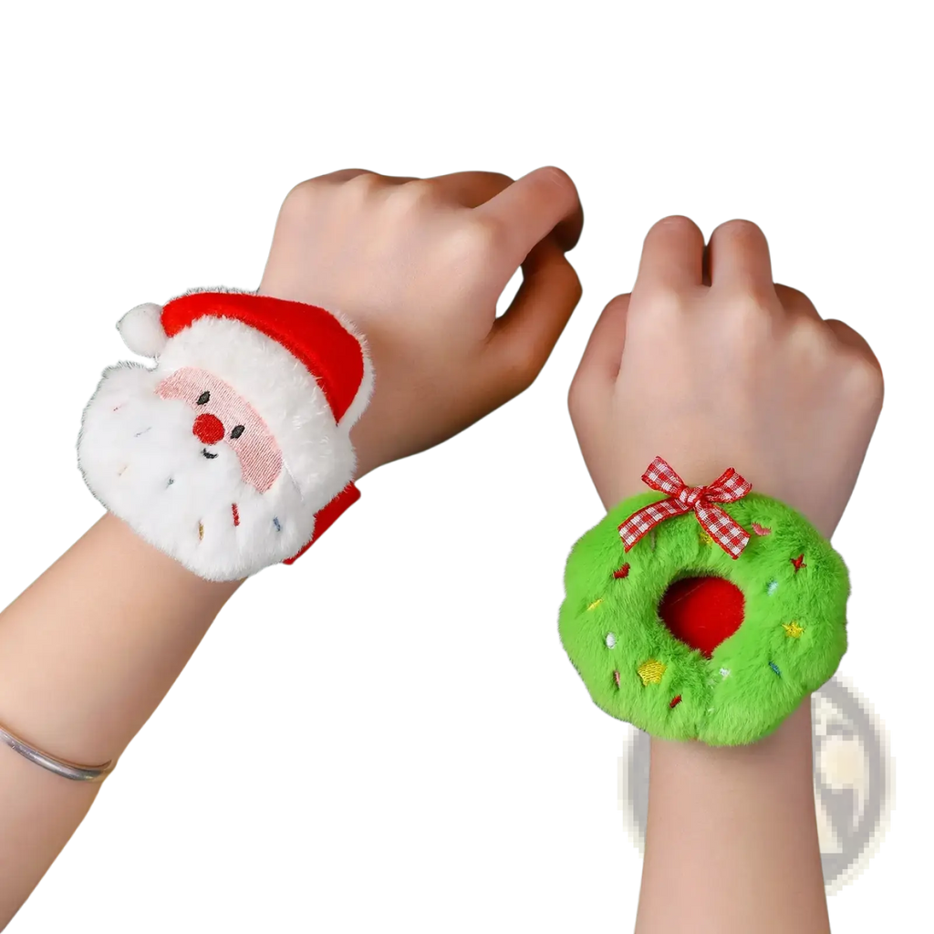 Plush christmas slap bracelet for kids featuring soft wristbands with a white santa face red hat and green wreath with bow