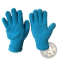 A pair of vibrant turquoise plush coral fleece bath dust gloves with a soft fuzzy texture designed for exfoliation