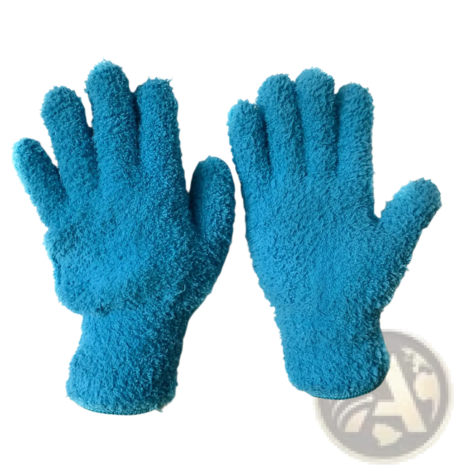 A pair of vibrant turquoise plush coral fleece bath dust gloves with soft fuzzy texture for gentle exfoliation