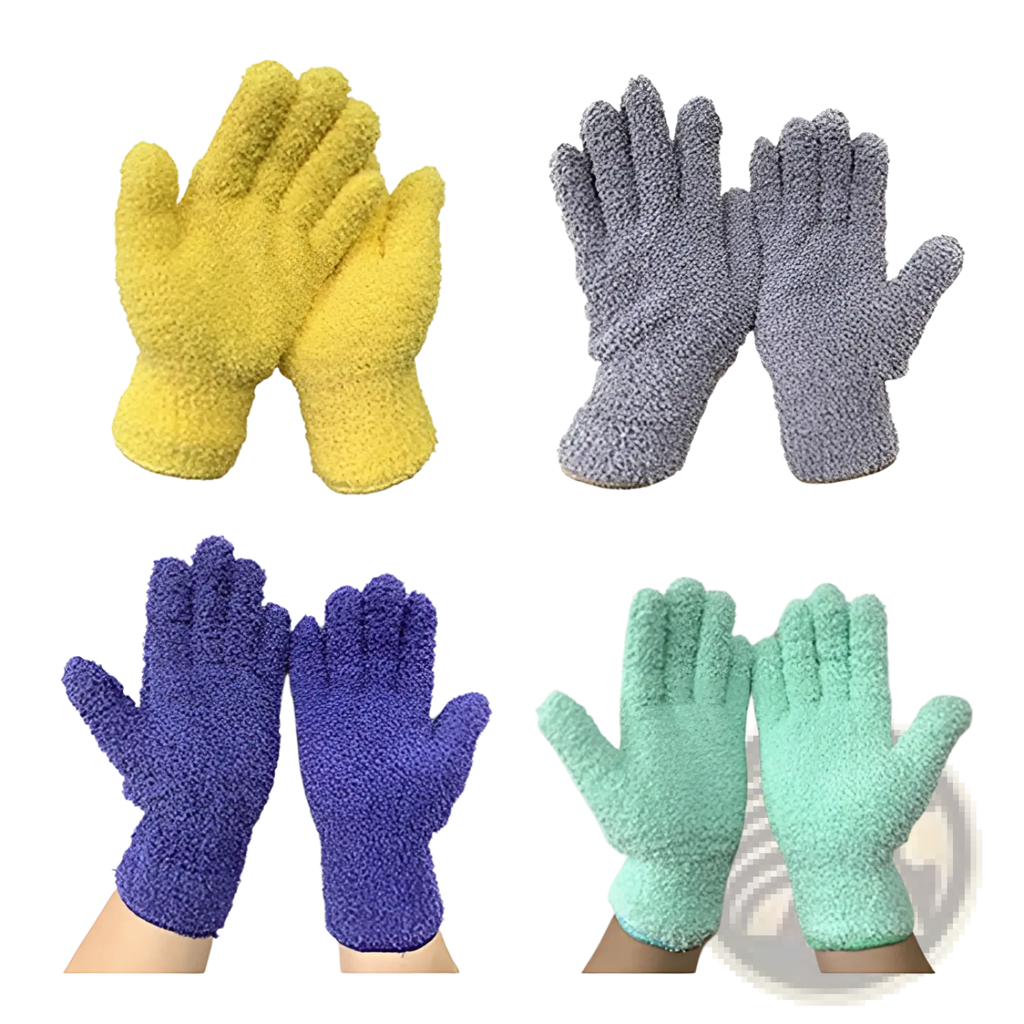 Plush coral fleece bath dust gloves in soft yellow gray purple and mint green hues made of plush material