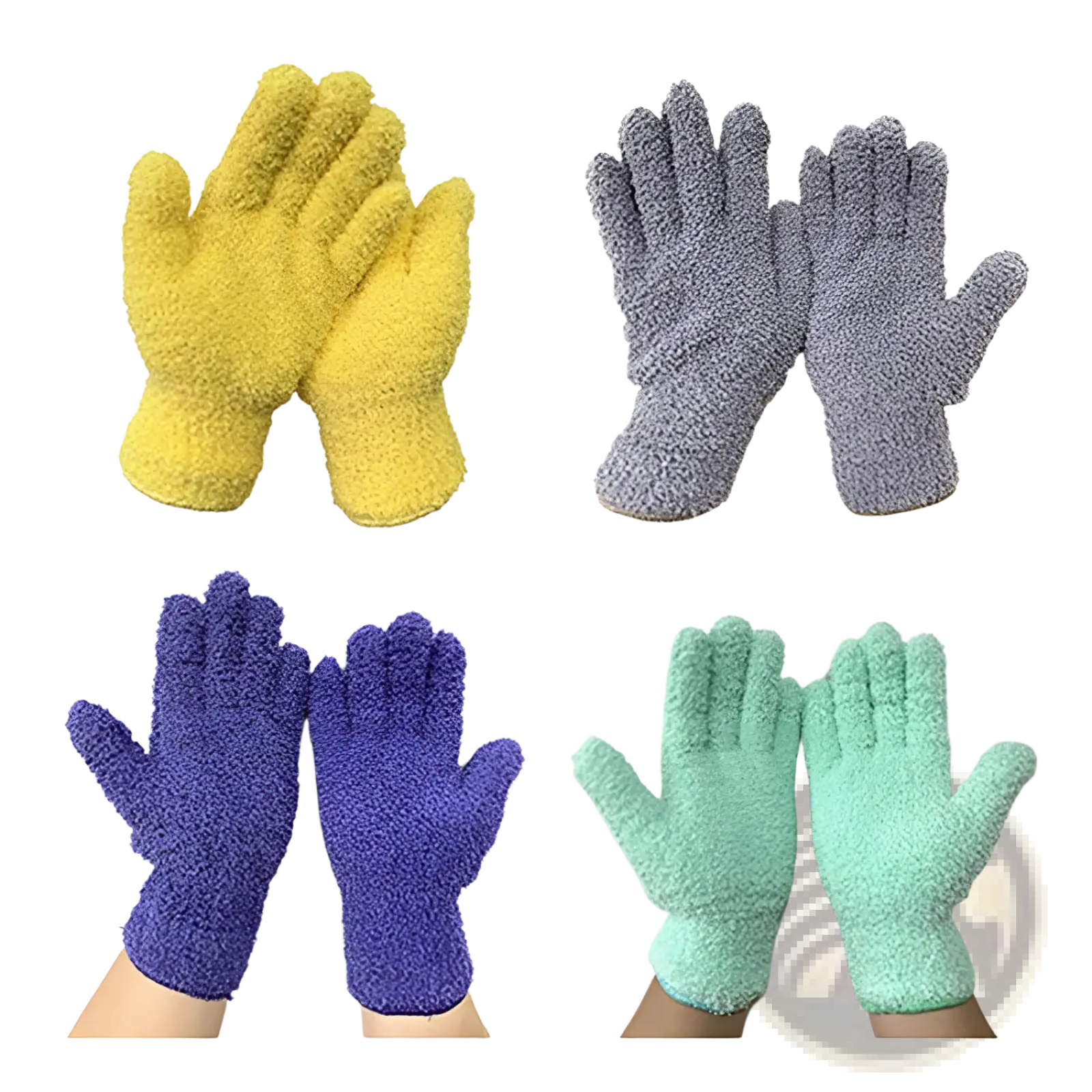 Plush coral fleece bath dust gloves in soft yellow gray purple and mint green hues made of plush material