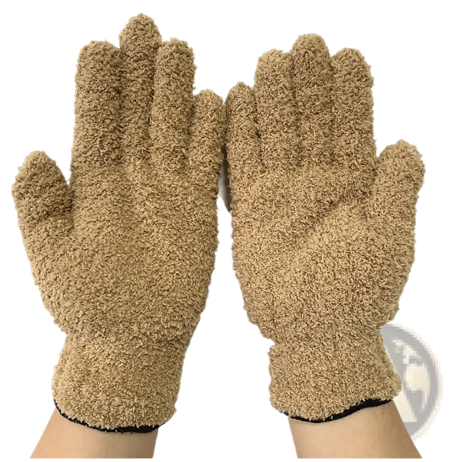 Tan plush coral fleece bath dust gloves with soft textured surface and black trim at the wrist
