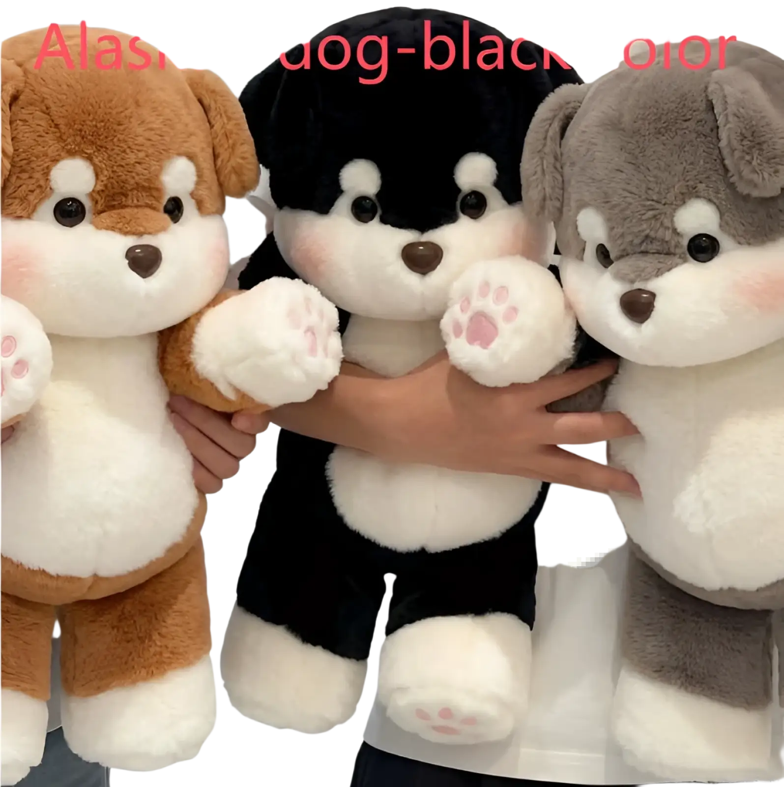 Black alaskan husky plush toy with white fur accents and pink paw prints soft stuffed animal for kids