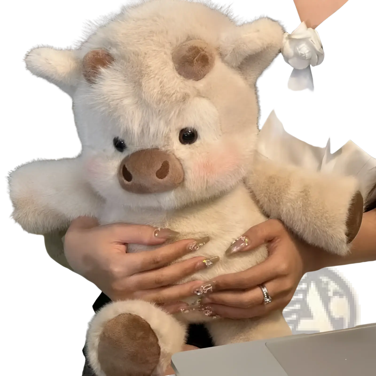 A plush cream-colored pig stuffed toy with soft fur brown snout ears and rosy cheeks from plush cow and pig soft toys for kids