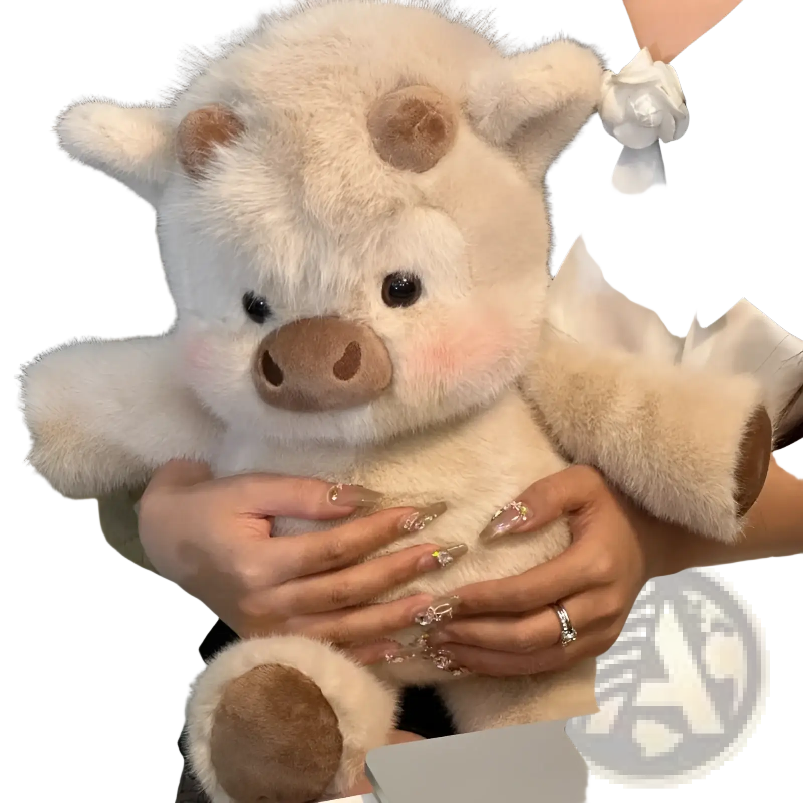 A plush cream-colored pig with soft fur brown snout ears and rosy cheeks from plush cow and pig soft stuffed animal toys for kids