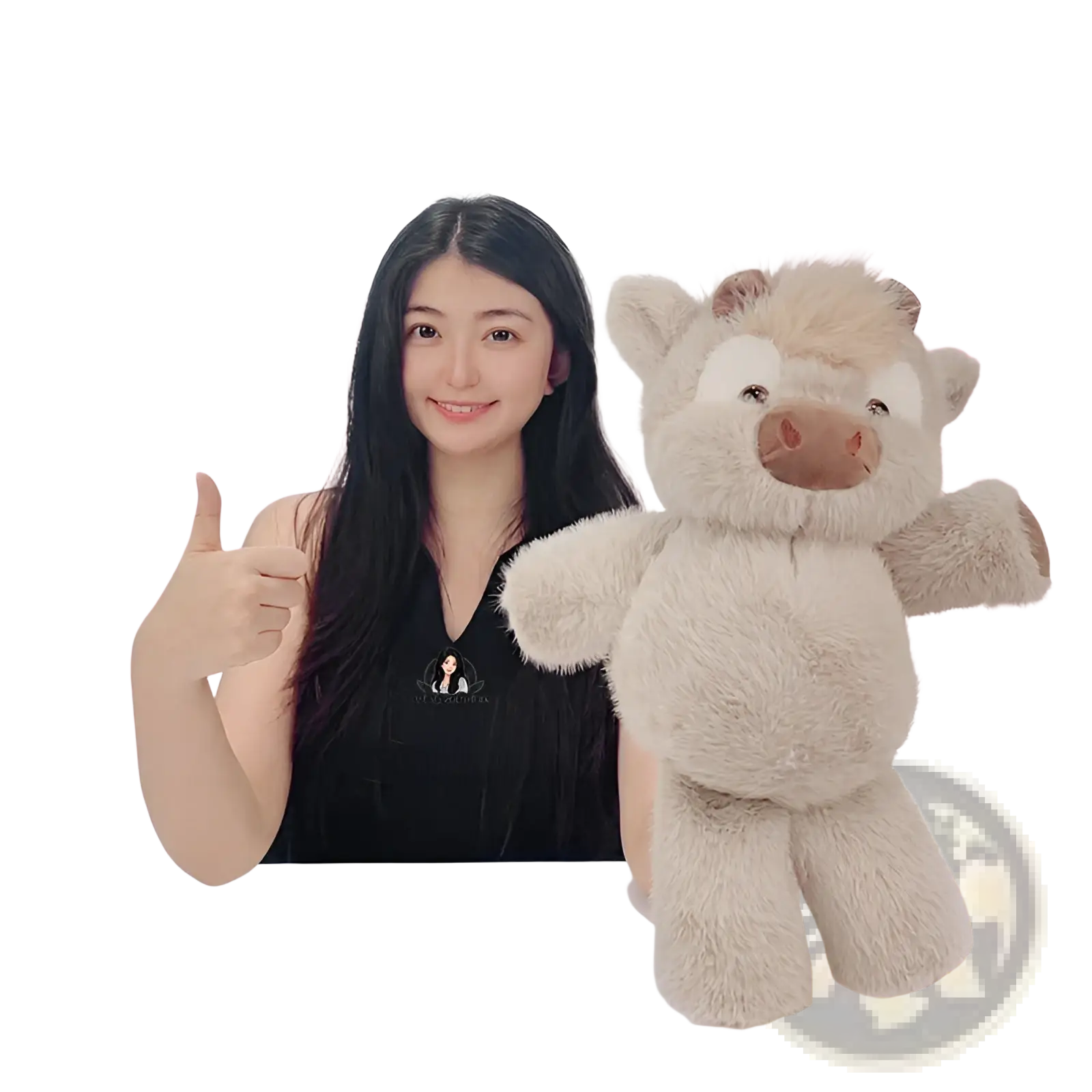 Fluffy beige plush cow and pig soft stuffed animal toy for kids with brown snout and white facial markings