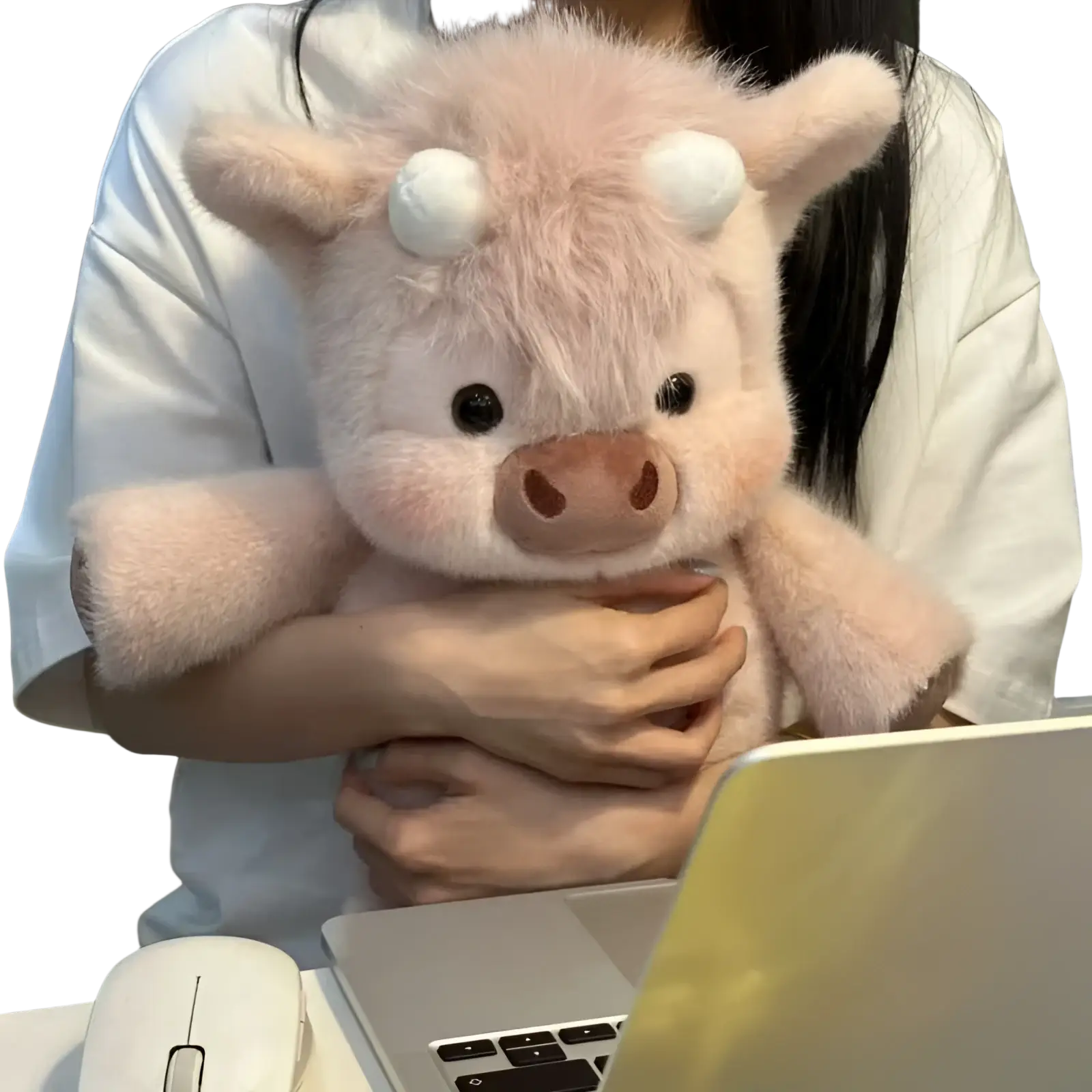 Soft pink plush cow toy with white button eyes and brown snout from plush cow and pig stuffed animal toys for kids