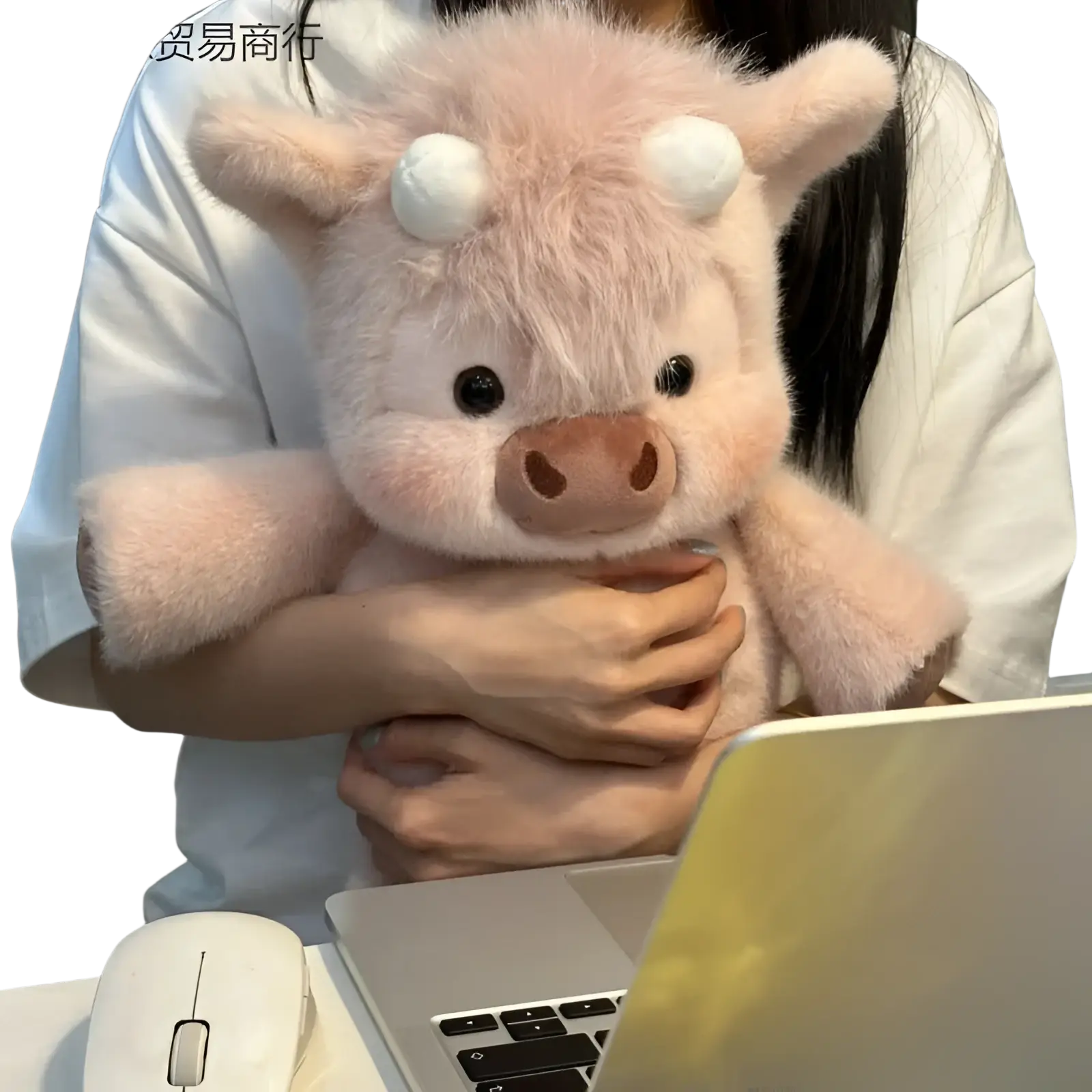 A soft blush-pink plush pig with fluffy texture and white button eyes from plush cow and pig stuffed animal toys for kids
