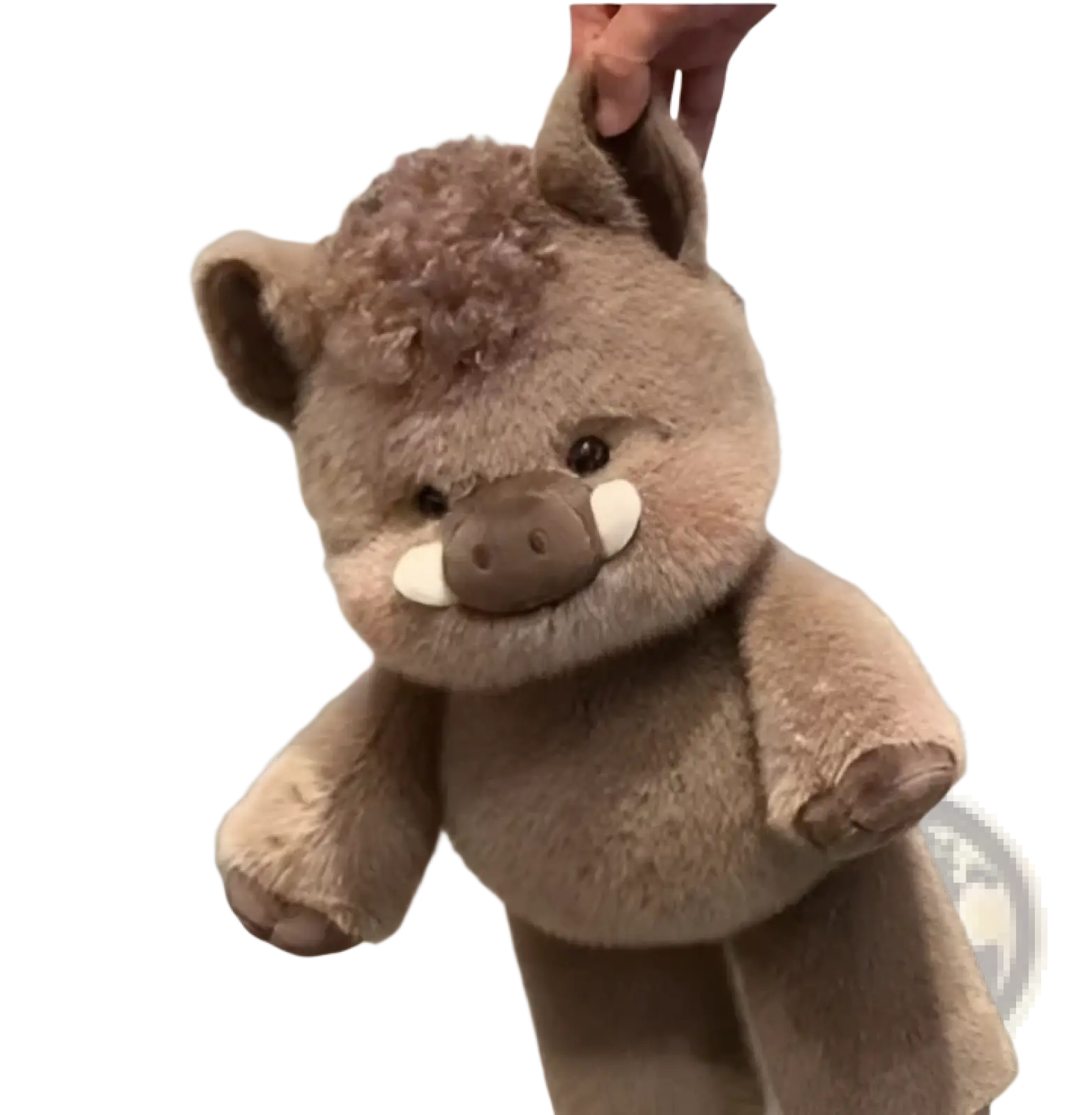 A plush brown wild boar stuffed toy with textured fur and white tusks in a plush cow and pig soft stuffed animal set for kids