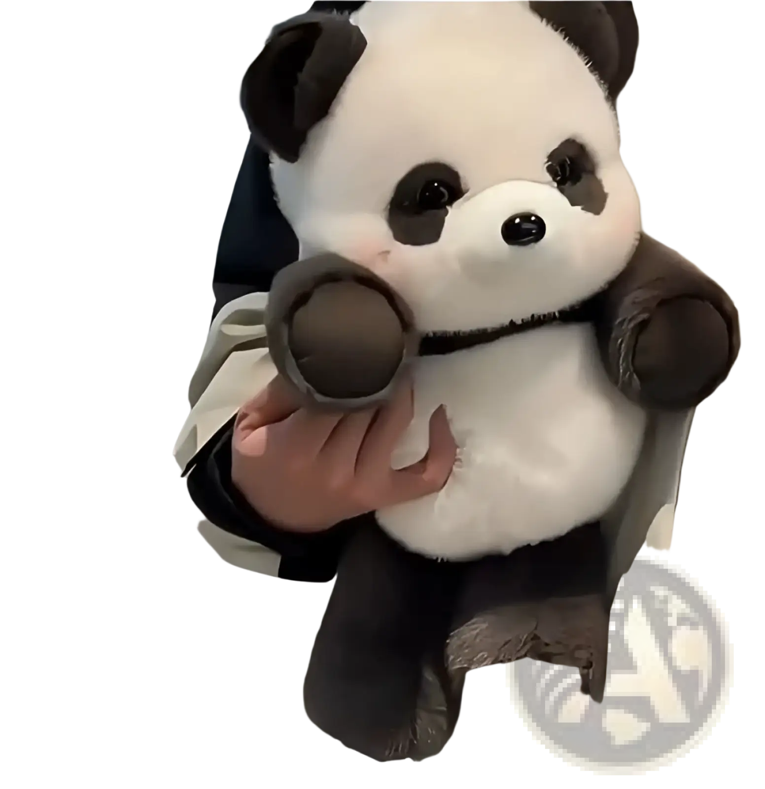 A plush panda soft stuffed animal toy for kids with white and black fur, round black eyes, and a small black nose