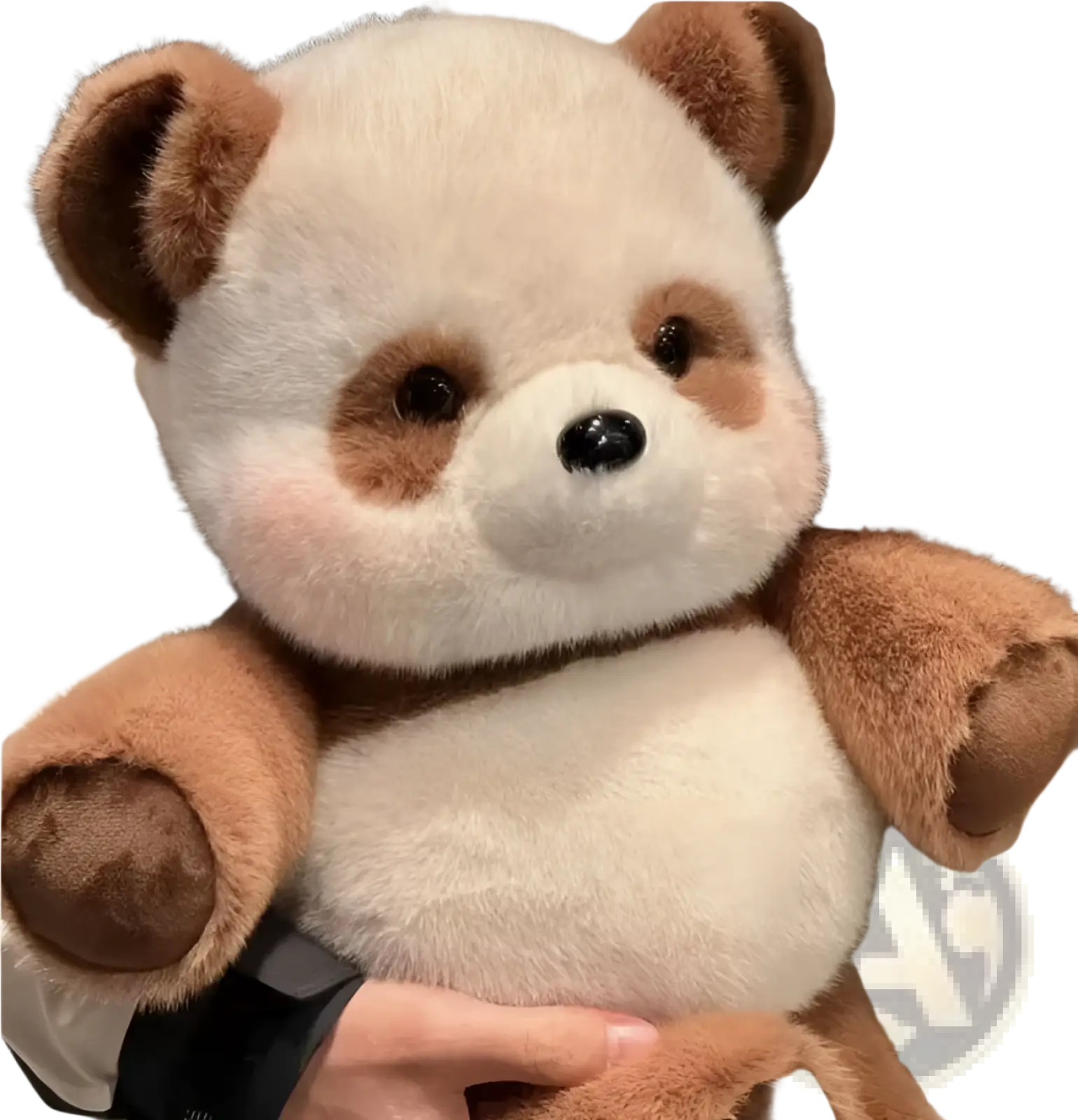 A plush panda stuffed toy with soft white and brown fur and black button eyes in the plush cow and pig toy set