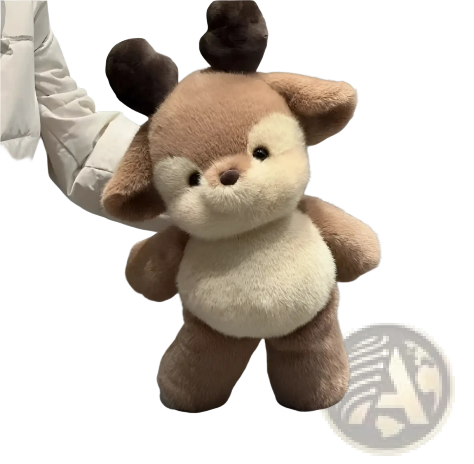 A plush brown and cream-colored deer stuffed toy with soft fur dark brown antlers and black button eyes for kids