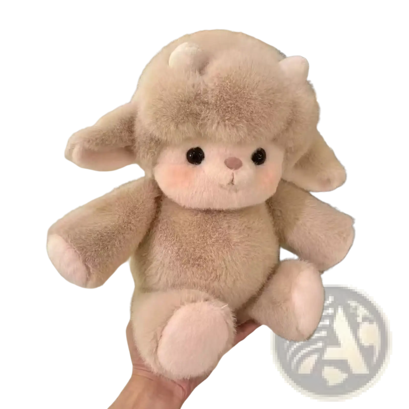 Plush cow and pig soft stuffed animal toys for kids featuring a soft fluffy beige plush lamb with black eyes and pink nose