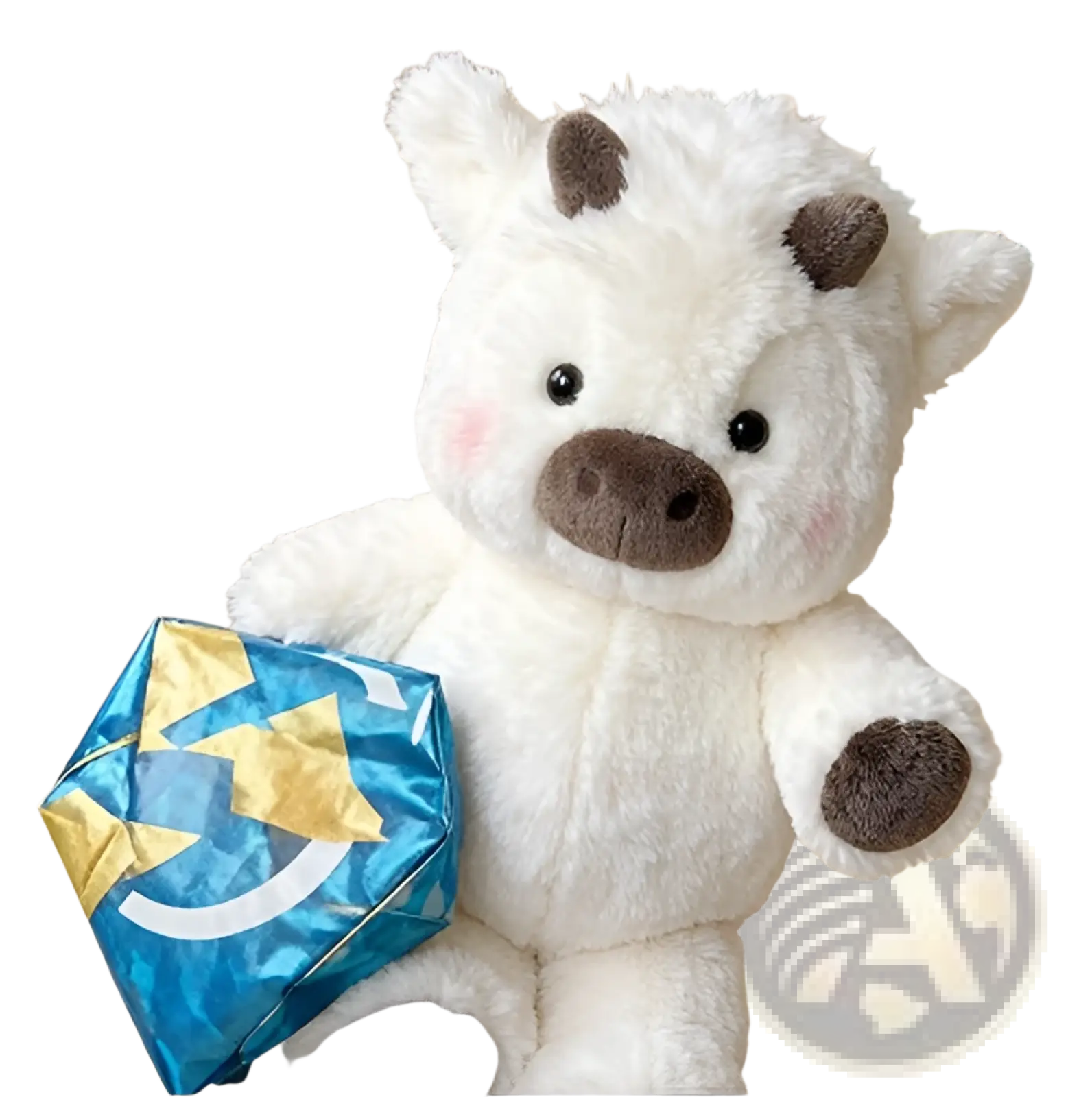White plush cow with brown accents holding a blue and gold wrapped gift soft stuffed animal toy for kids