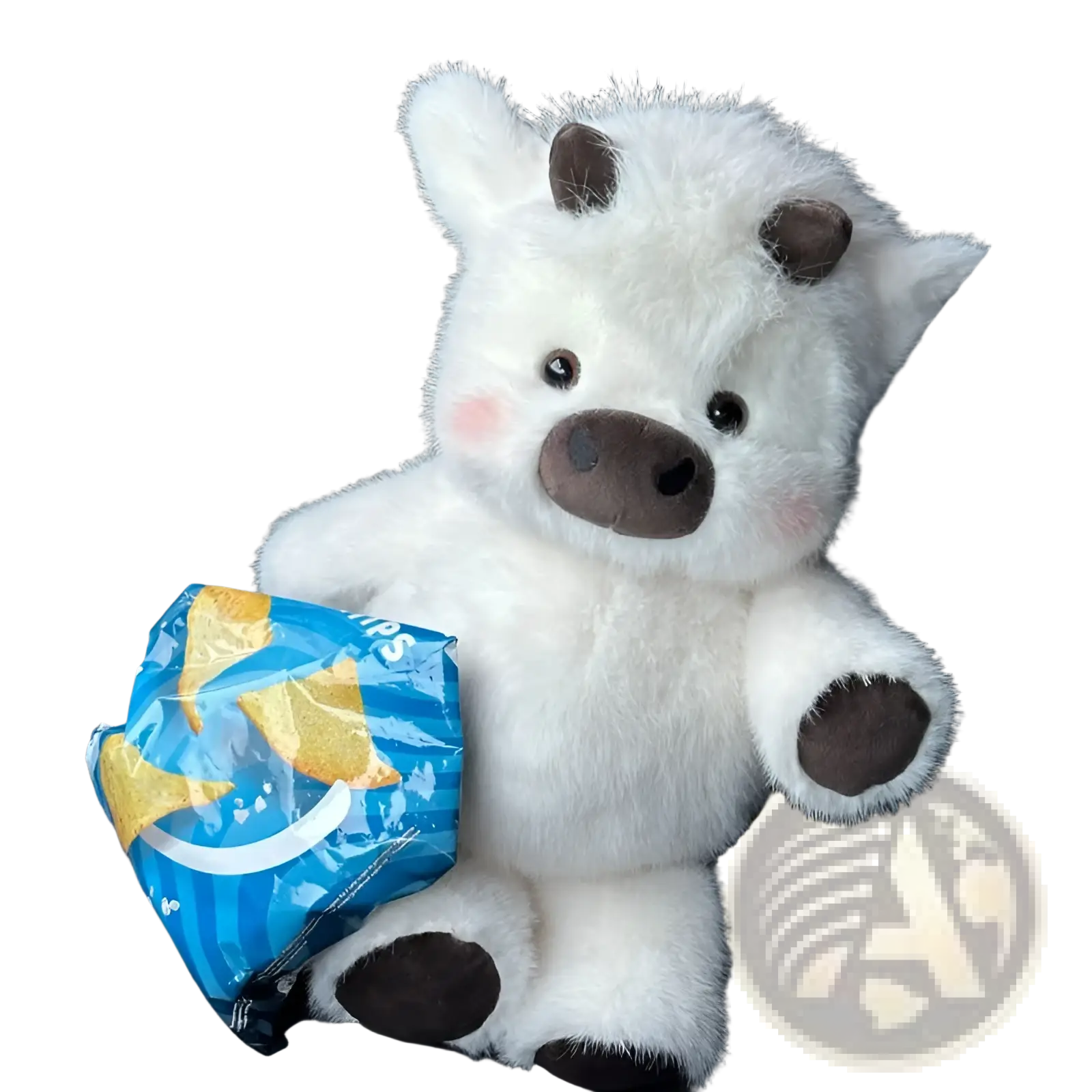 A plush white cow and pig soft stuffed animal toy for kids with brown accents holding a blue bag of chips in a car seat