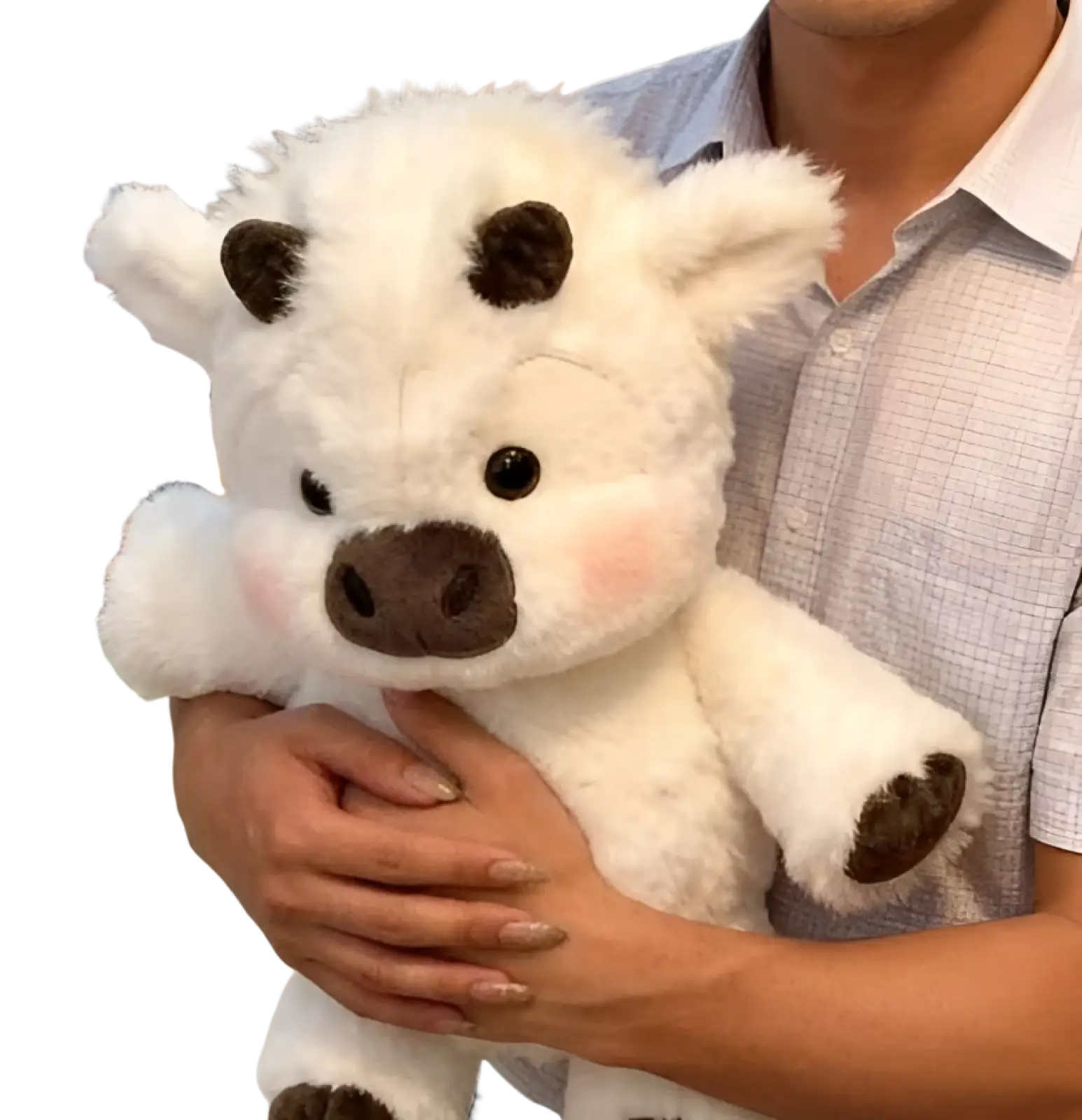 Plush cow soft stuffed animal toy with white and brown spots dark nose and pink cheeks for kids