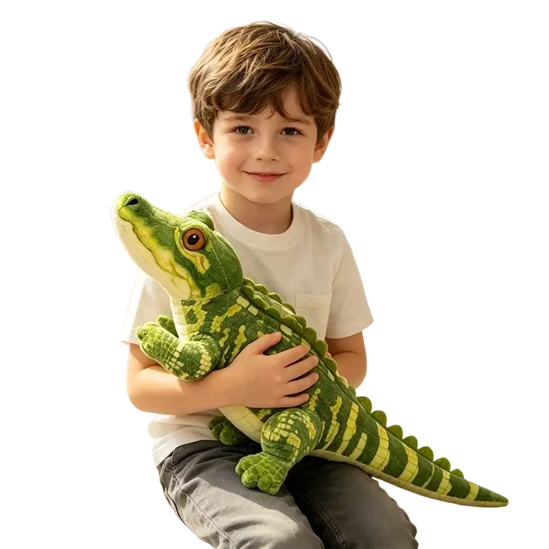 Plush crocodile stuffed animal toy made of green plush with yellow accents and detailed stitching for kids
