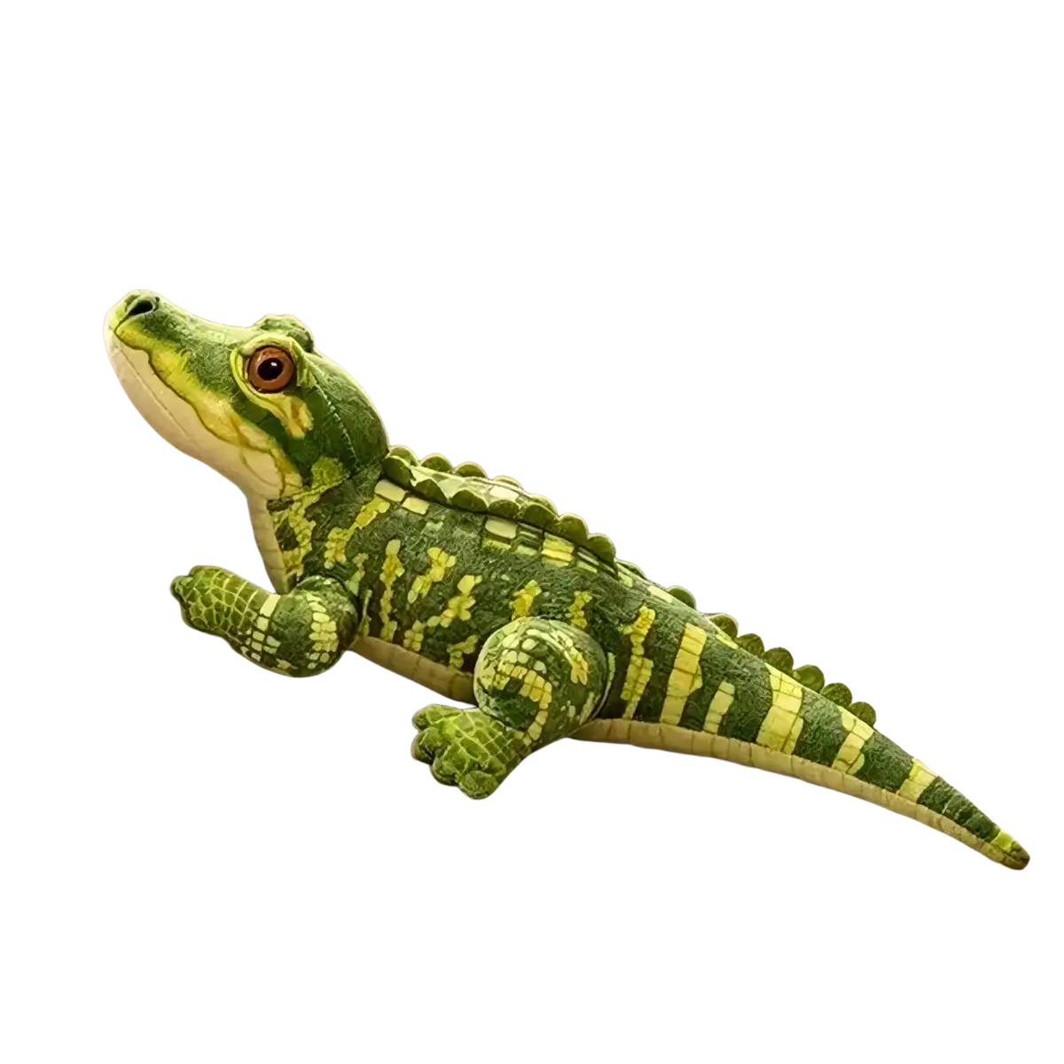 Plush crocodile stuffed animal toy in green and yellow with detailed scales brown eye and soft stuffed texture